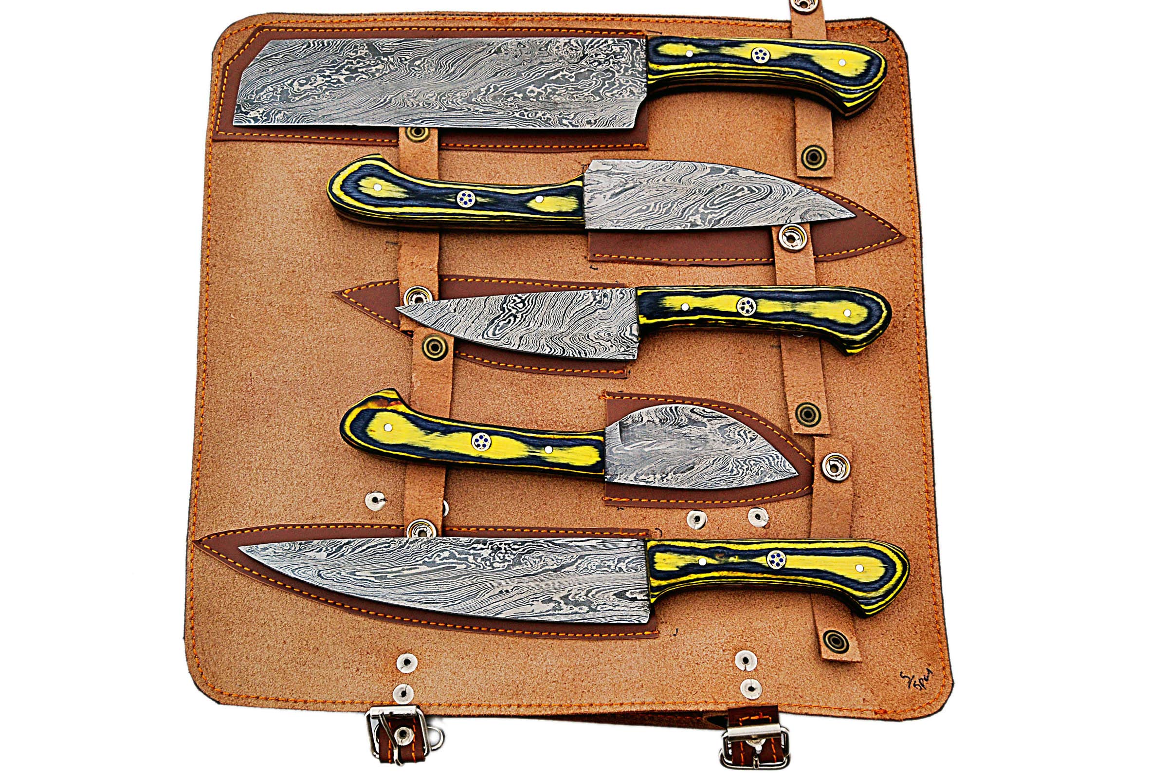Premium Handmade Damascus Steel Chef Knives 5-Piece Set - High Carbon Stainless Steel Kitchen Knives with Black & Yellow Wood Handle - Perfect for Professional Chefs, Home Cooking & Gourmet Gifts