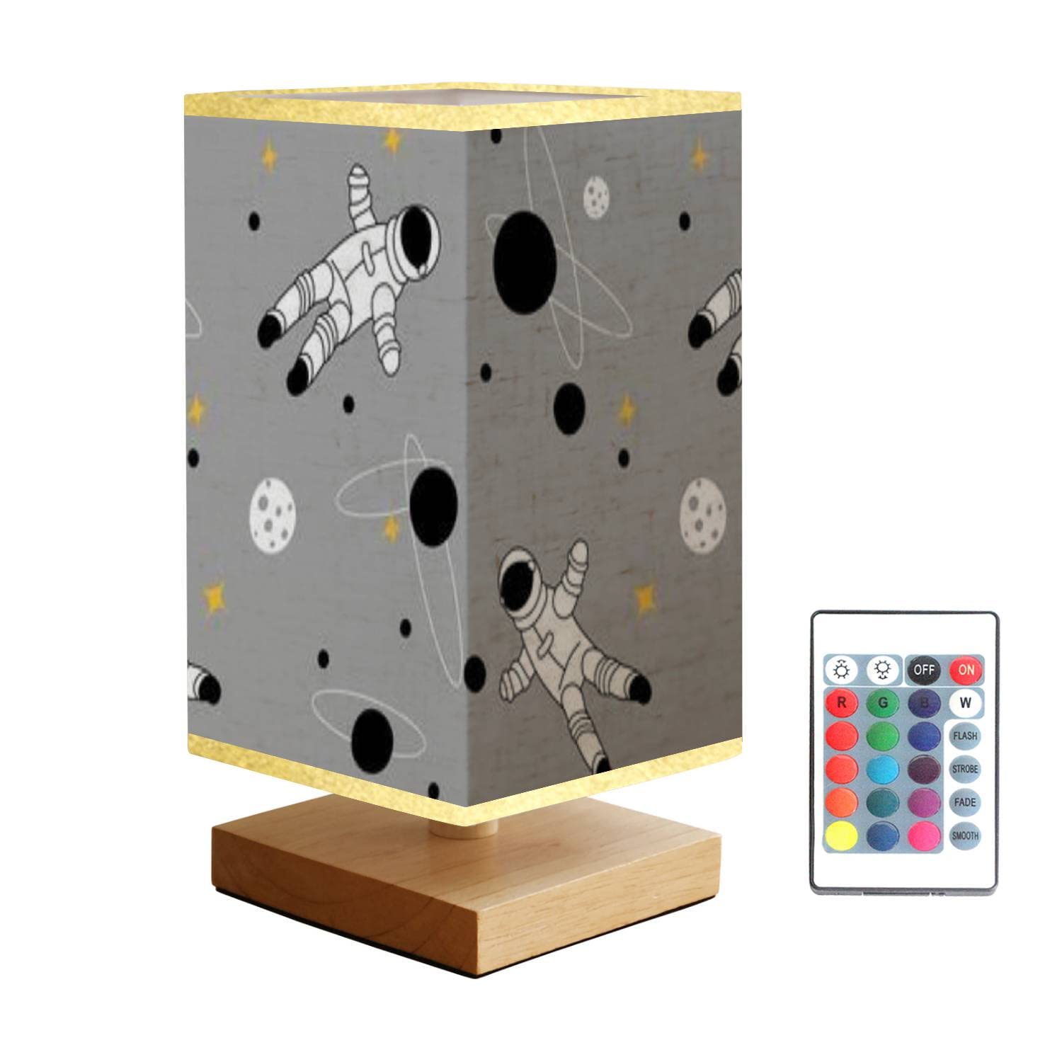 Dimmable Wooden Base Nightstand Lamp with Flaxen Fabric Shade - Astronaut & Moon Space Theme Bedside Table Light for Kids Room, Bedroom, Living Room - Perfect for Reading, Relaxing & Creating Cozy Atmosphere