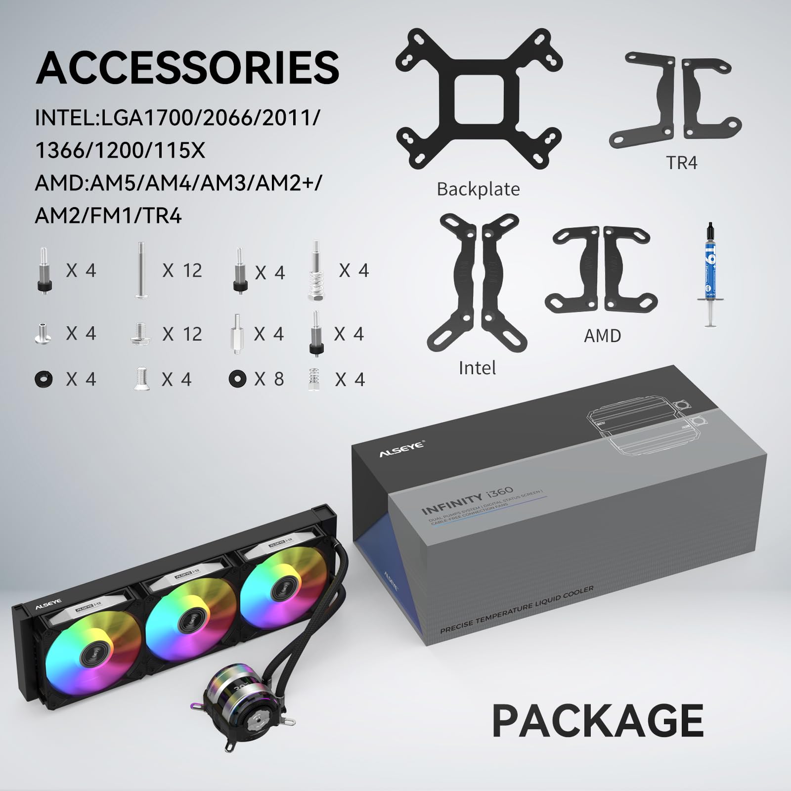 ALSEYE Infinity i360 RGB Water Cooling System - 360mm CPU Liquid Cooler with Dual LED Pumps, Temperature Display, 3x120mm ARGB PWM Fans for Intel LGA 1700/1200 & AMD AM5/AM4 - Quiet PC Cooling Solution for Gaming Rigs and High-Performance Computers (Black)