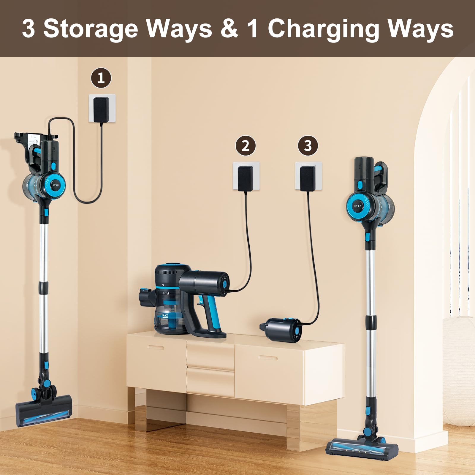 8-in-1 Cordless Stick Vacuum Cleaner with 30Kpa Super Suction & 60 Min Runtime - Detachable Battery for Hardwood Floors & Pet Hair - Lightweight Blue Vacuum for Home, Office & Car Cleaning