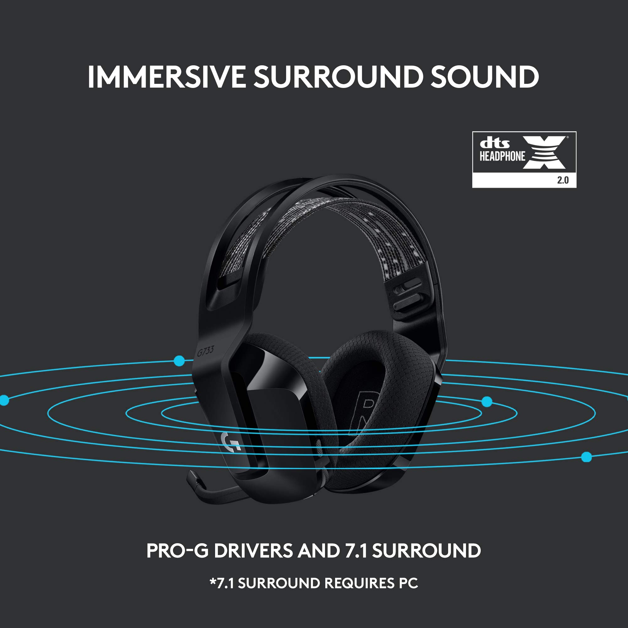Logitech G733 Lightspeed Wireless Gaming Headset - Black | Suspension Headband, Lightsync RGB, Blue VO!CE Mic, PRO-G Audio | Perfect for PC, PS5, Xbox & Streaming