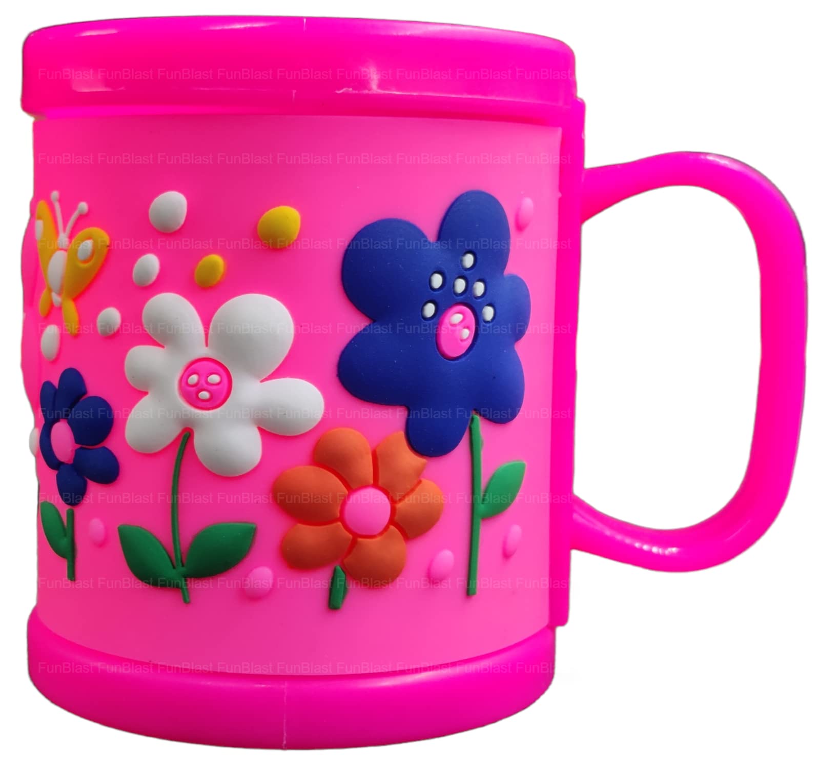 FunBlast Kids Milk Mug with Cartoon Flower Design - 350ML BPA-Free Plastic Drinking Cup for Girls & Boys - Perfect Birthday Gift, Party Favors & Daily Use at Home or School (Pink)