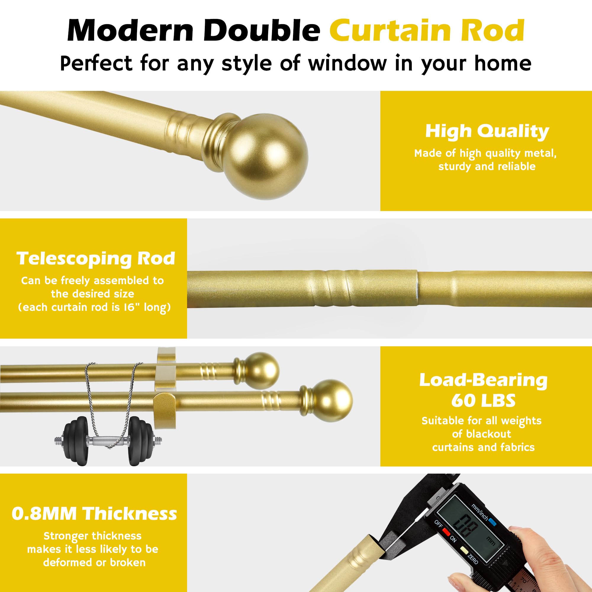 Double Curtain Rods for Windows 66-120 Inch - Gold Curtain Rod Set with 3 Brackets, 5/8