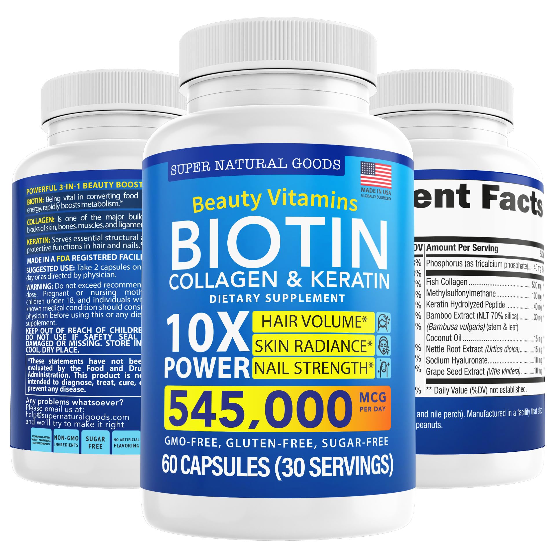 Biotin & Collagen Vitamins with Keratin and Folate - Hair Growth Supplement for Women & Men - Supports Healthy Hair, Skin & Nails - Postpartum Hair Loss Treatment - GMO Free, Gluten Free (60 Capsules) - Perfect for Daily Hair Care Routine and Post Pregnancy Recovery