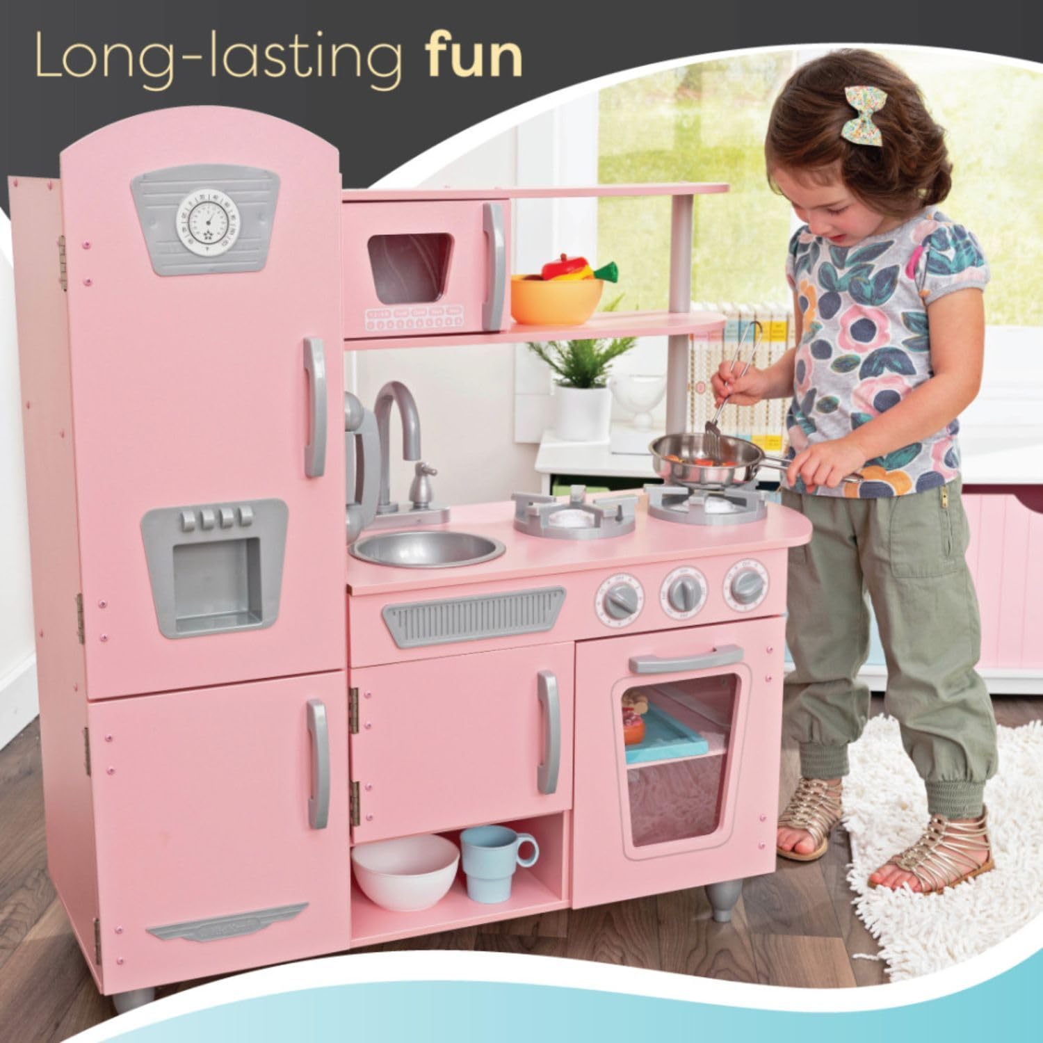 KidKraft Vintage Wooden Play Kitchen Set with Pretend Ice Maker & Play Phone - Pink Toy Kitchen for Girls & Boys - Perfect for Pretend Play, Role Play & Early Learning at Home