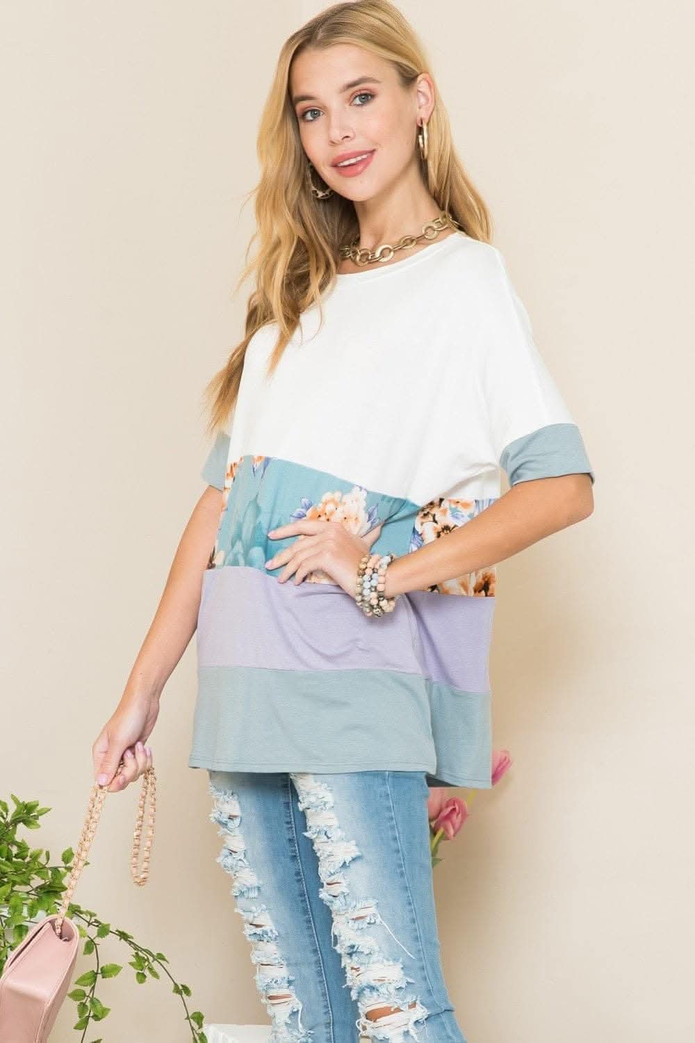 Celeste Color Block T-Shirt for Women - Ivory & Lilac Casual Tee | Perfect for Everyday Wear, Outings & Layering