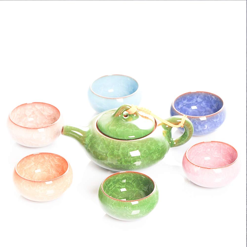 Premium 7-Piece Ceramic Tea Set - 6 Colorful Tea Cups & 1 Teapot - Durable Porcelain Drinkware for Home, Office or Gifts - Perfect for Afternoon Tea, Coffee Break & Entertaining Guests (Multi-Colored)