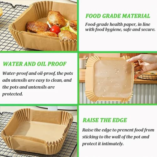 100-Pack 6.5 Inch Square Disposable Air Fryer Liners - Non-Stick Parchment Paper for Ninja, Tefal, Tower & Foodi Air Fryers - Perfect for Baking, Roasting & Healthy Cooking