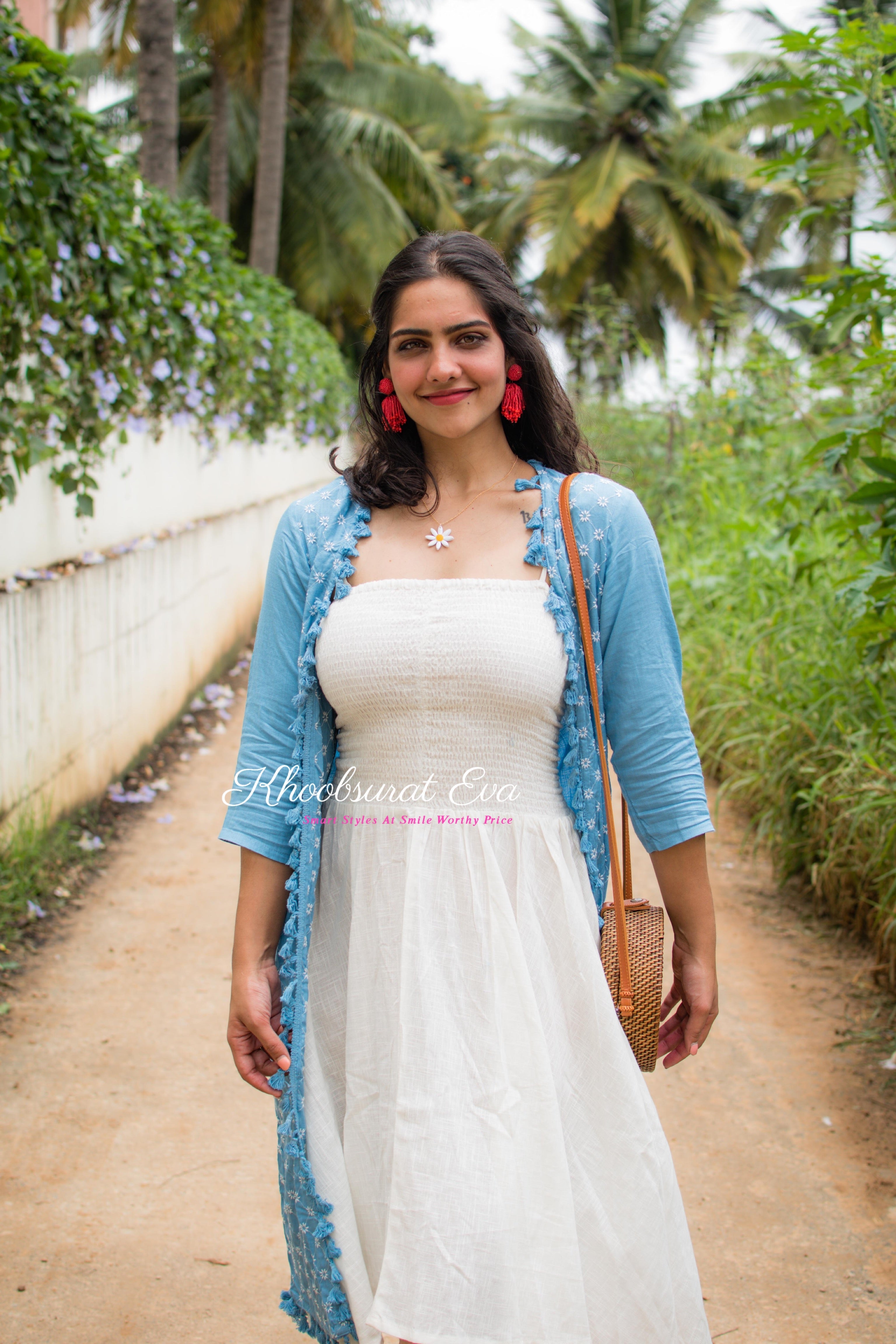 Blue & White Embroidered Jacket Maxi Dress for Women - Elegant Floral Embroidery Long Dress with Detachable Jacket - Perfect for Weddings, Parties & Special Occasions