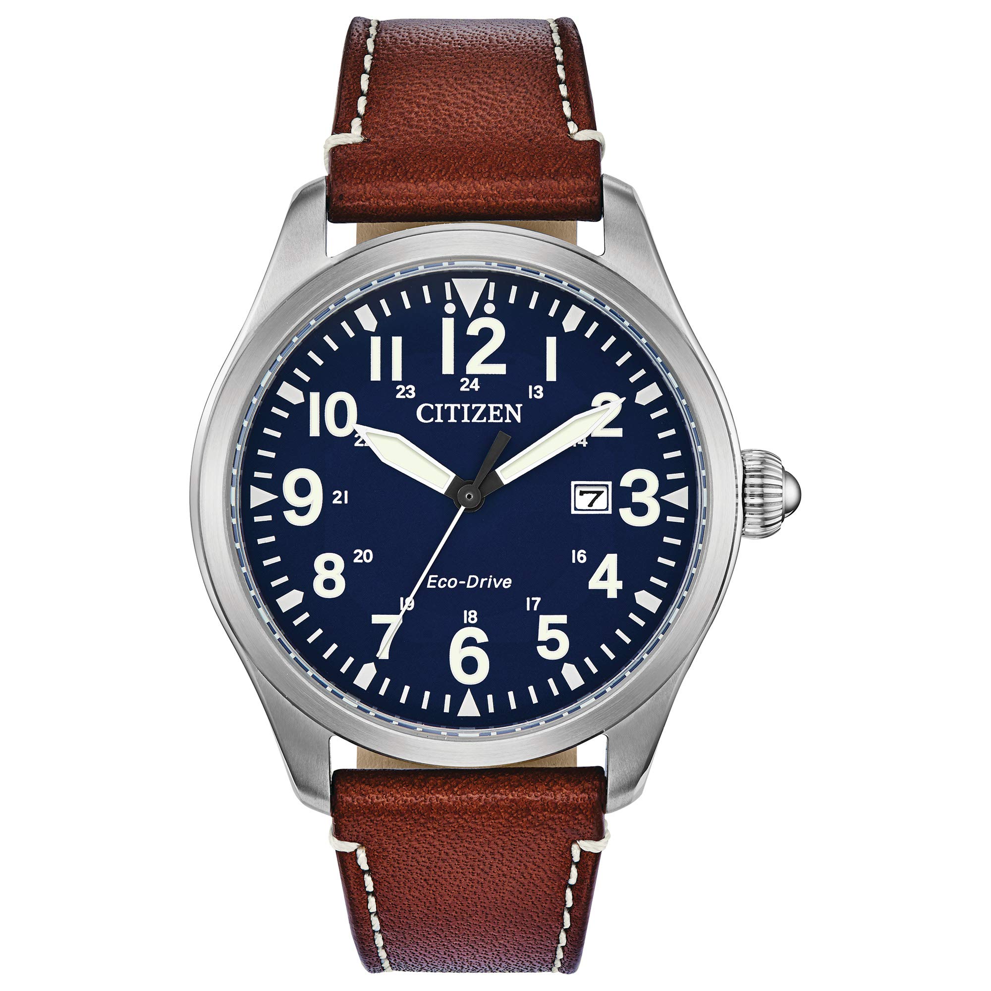 Citizen Men's Eco-Drive Stainless Steel Field Watch with Leather Strap - Arabic Numerals, Date Display - Perfect for Outdoor Adventures, Casual Wear & Business Casual Style