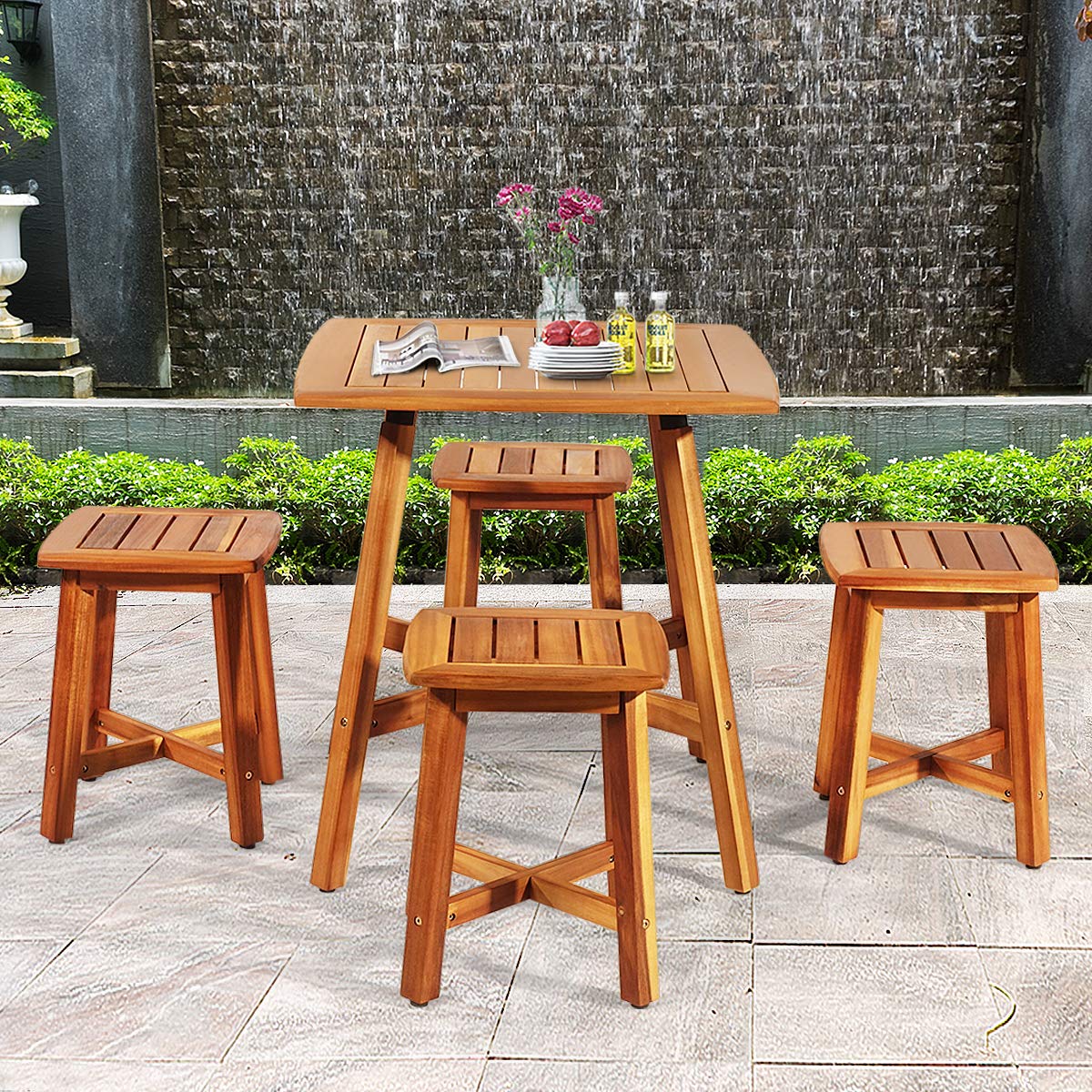 HAPPYGRILL 5-Piece Acacia Wood Outdoor Dining Set - Patio Table with 4 Stools for Garden, Porch, Backyard, Balcony & Poolside - Durable Wooden Furniture for Entertaining & Relaxing Outdoors