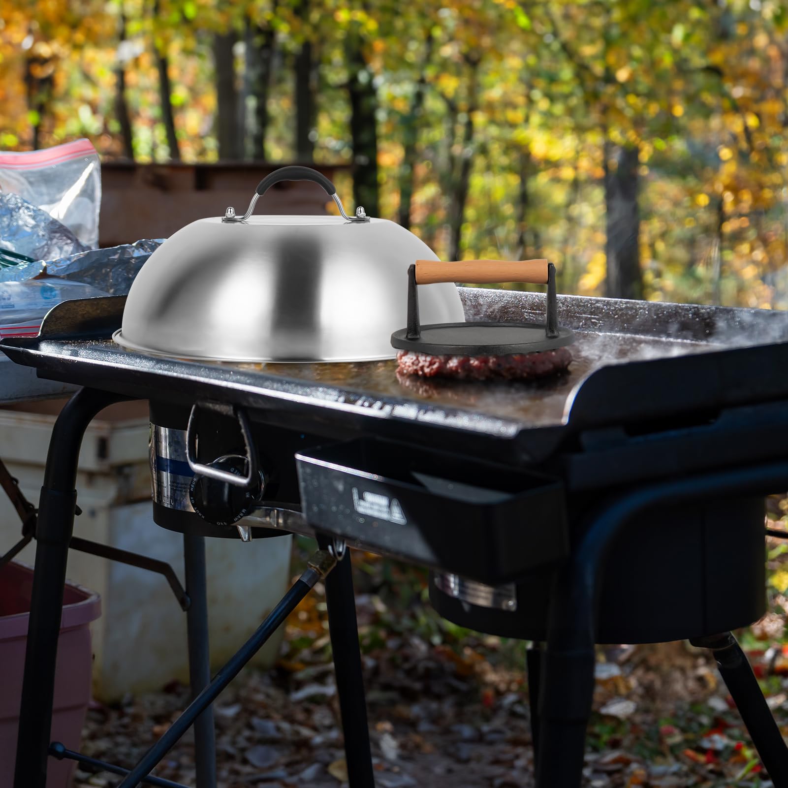 SHINESTAR 12-Inch Cast Iron Griddle Press with Melting Dome - Perfect for Burgers, Bacon, Panini & More - Compatible with Blackstone Griddle & Flat Top Grills - Indoor & Outdoor Cooking Accessories for BBQ, Camping & Backyard Parties