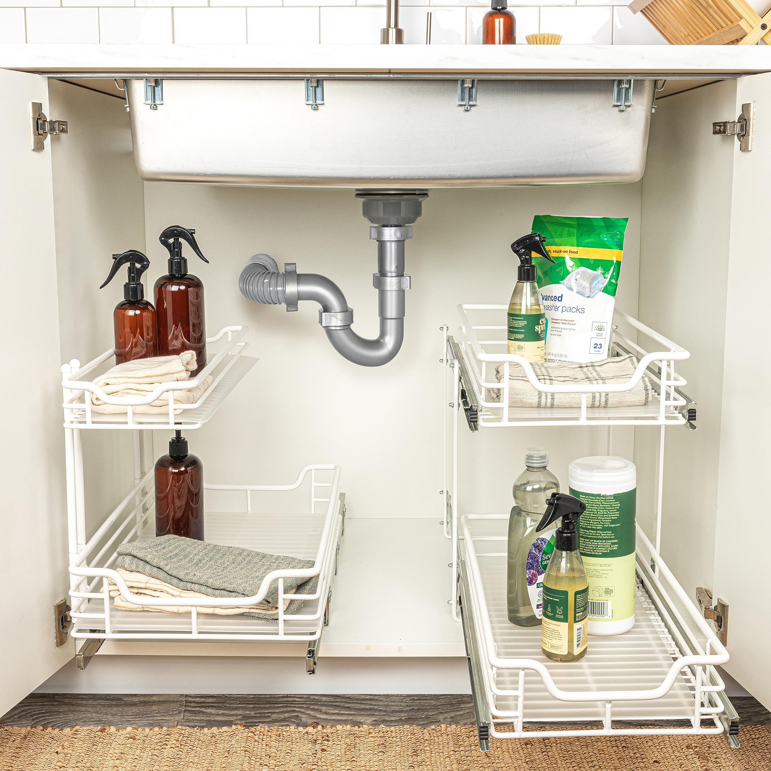 Glidez Multipurpose Powder-Coated Steel Pull-Out Cabinet Organizer with Plastic Liners - 2-Tier Dual-Slide Under Sink Storage for Kitchen & Bathroom - Fits Standard Cabinets (White) | Space-Saving Solution for Spices, Cleaning Supplies & Toiletries