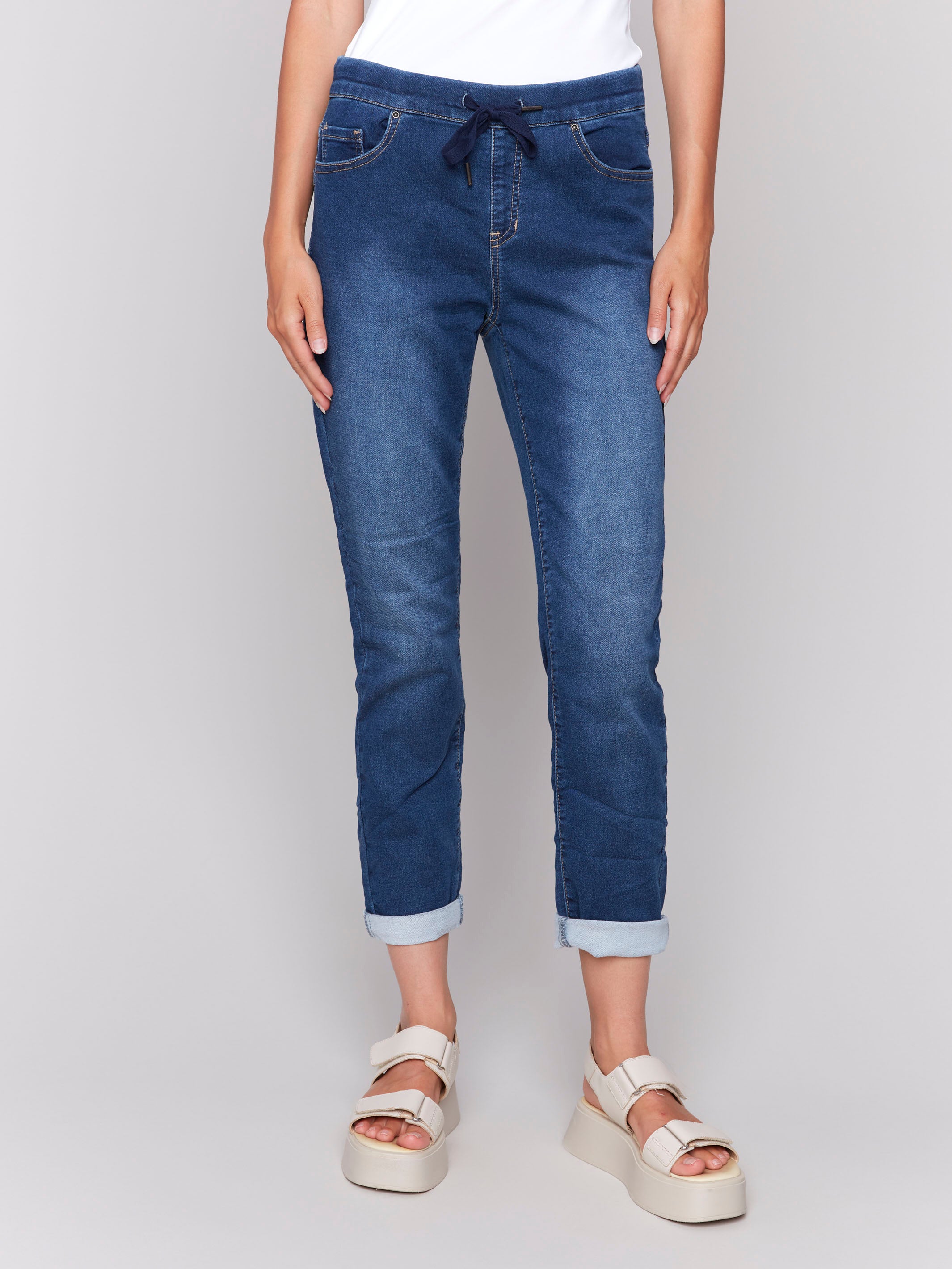 Premium Knit Denim Jogger Pants for Men & Women - Comfortable Stretch Casual Lounge Pants in Classic Indigo Blue - Perfect for Yoga, Running Errands & Relaxing at Home