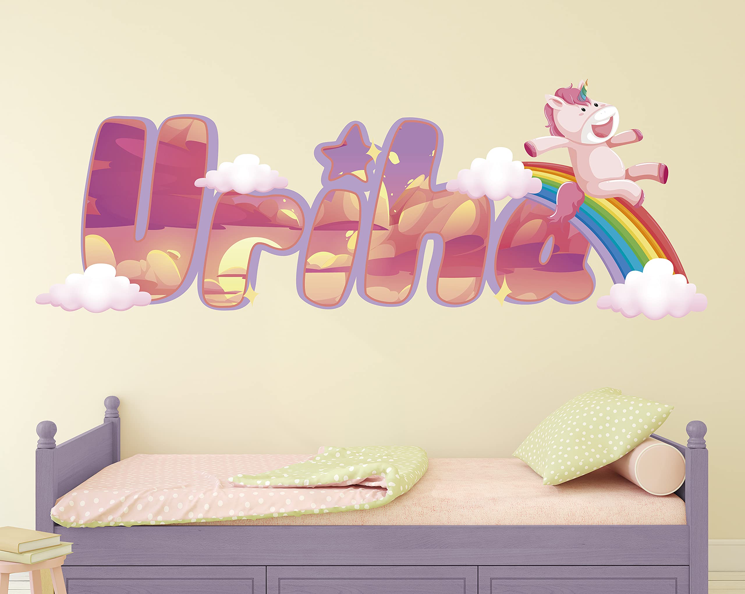 Rainbow Unicorn Wall Decal with Custom Name - 3D Printed Nursery Wall Sticker, Home Decor for Kids Bedroom, Large 44