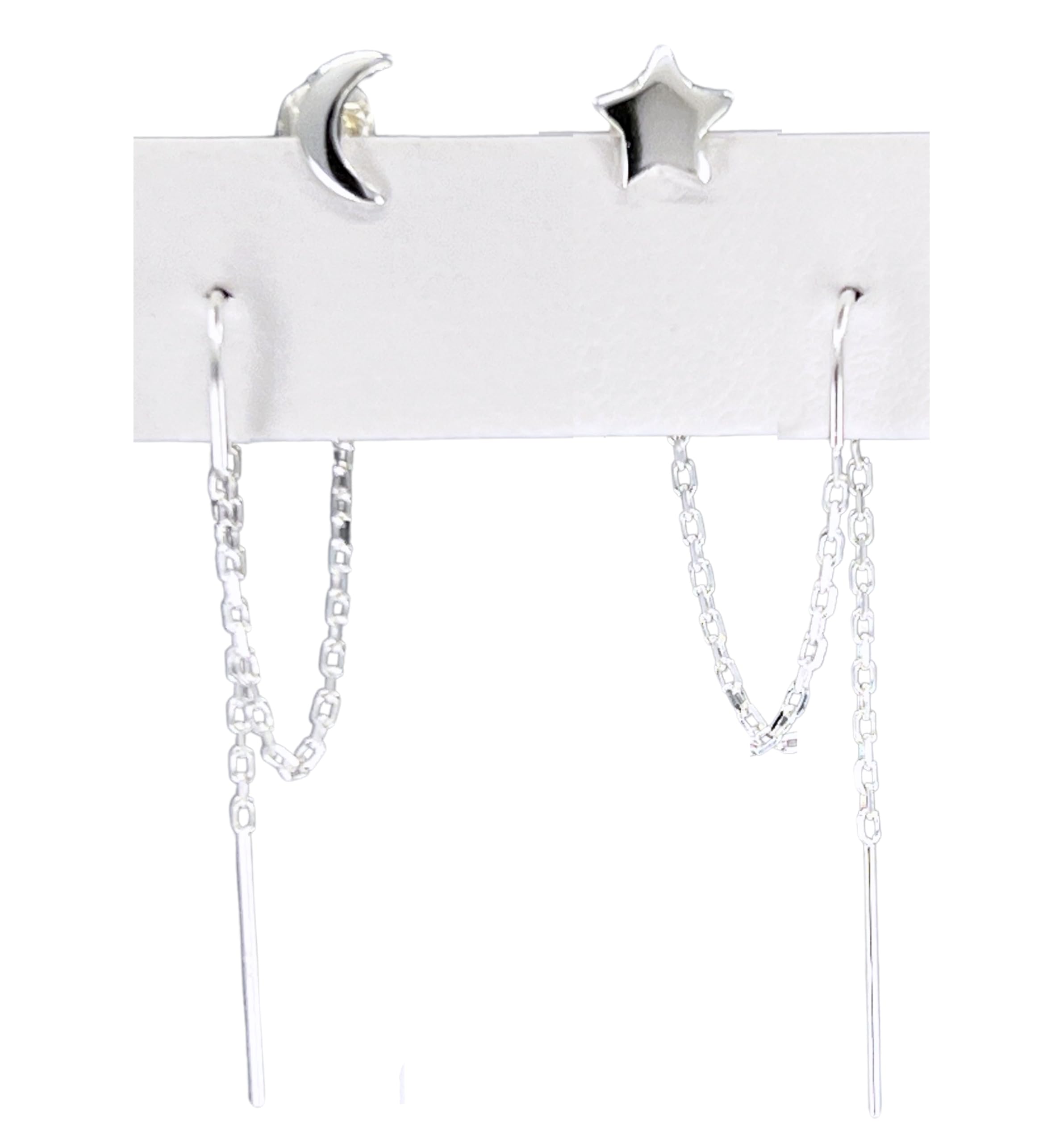 Double Piercing Earrings for Women - 14K Gold Filled Sterling Silver 2 Hole Threader Earrings Set with Star & Moon Charm | Trendy Chain Earrings for Double Piercings | Perfect for Layered Looks, Date Nights & Special Occasions
