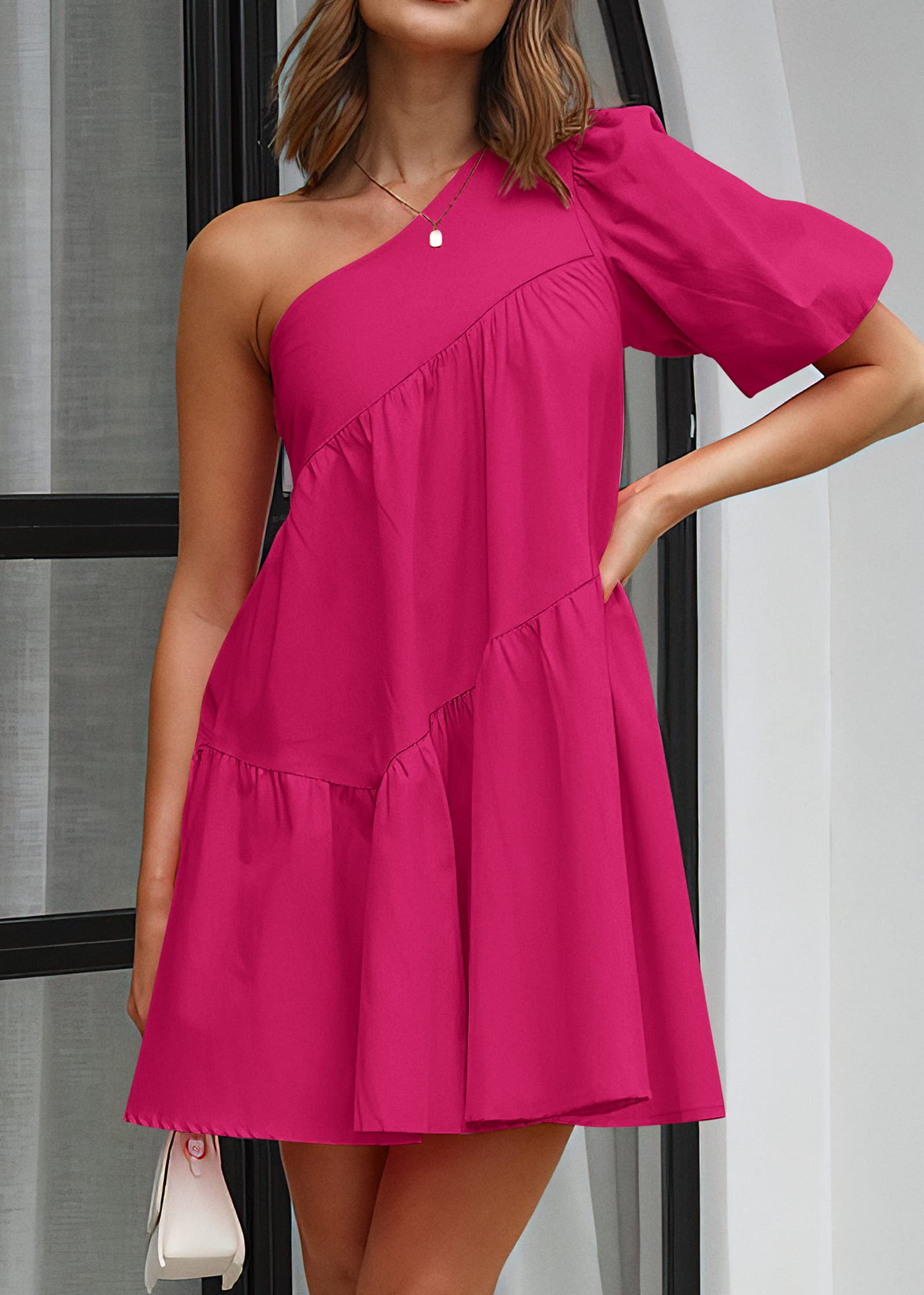 KIRUNDO Women's 2025 Summer One Shoulder Mini Babydoll Dress - Puff Sleeve Loose Tiered A-Line Flowy Short Dress for Beach, Party & Casual Wear