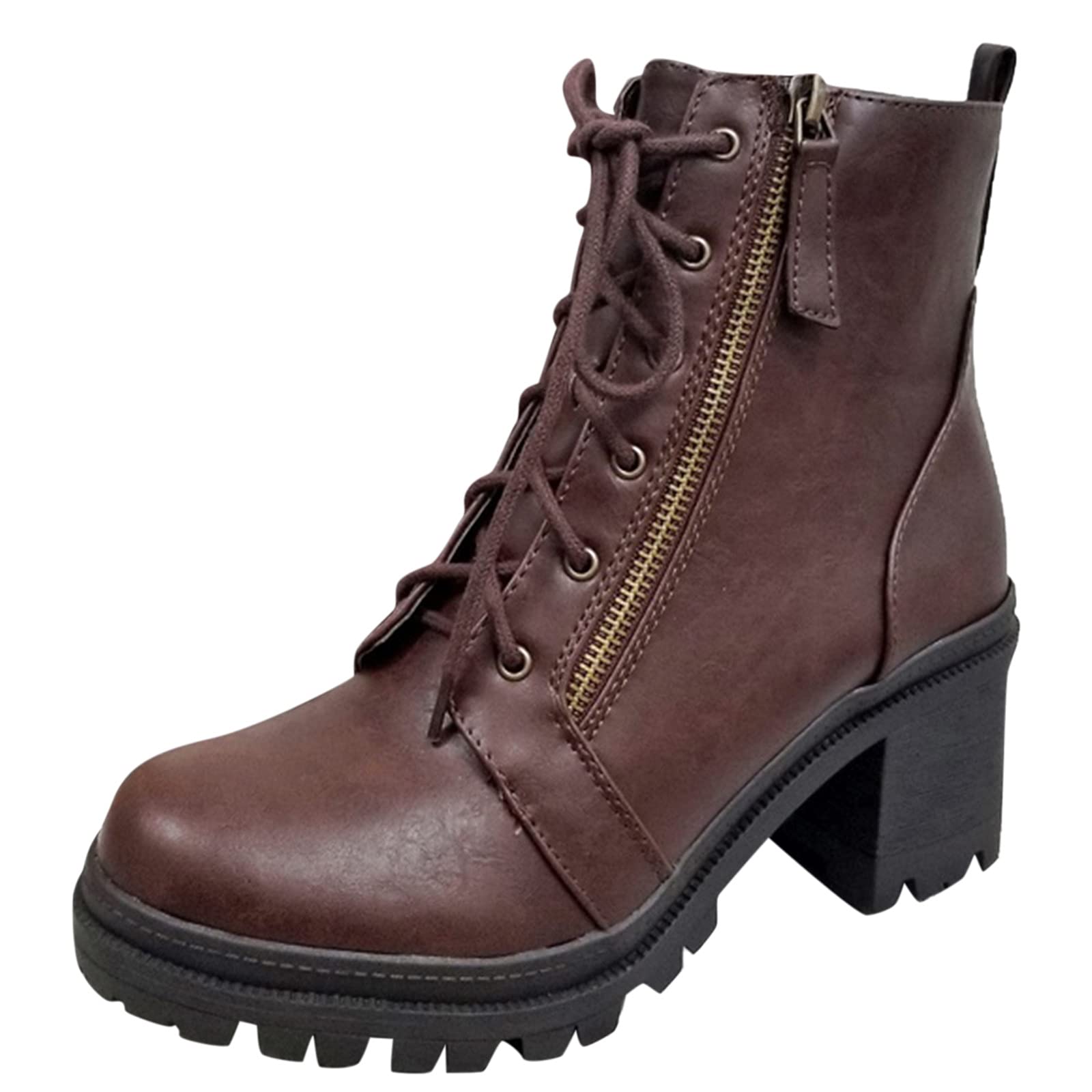 Women's Fashion Chunky Heel Ankle Boots - Lace-Up Short Booties for Women in All Black | Perfect for Casual Outfits, Work & Night Out