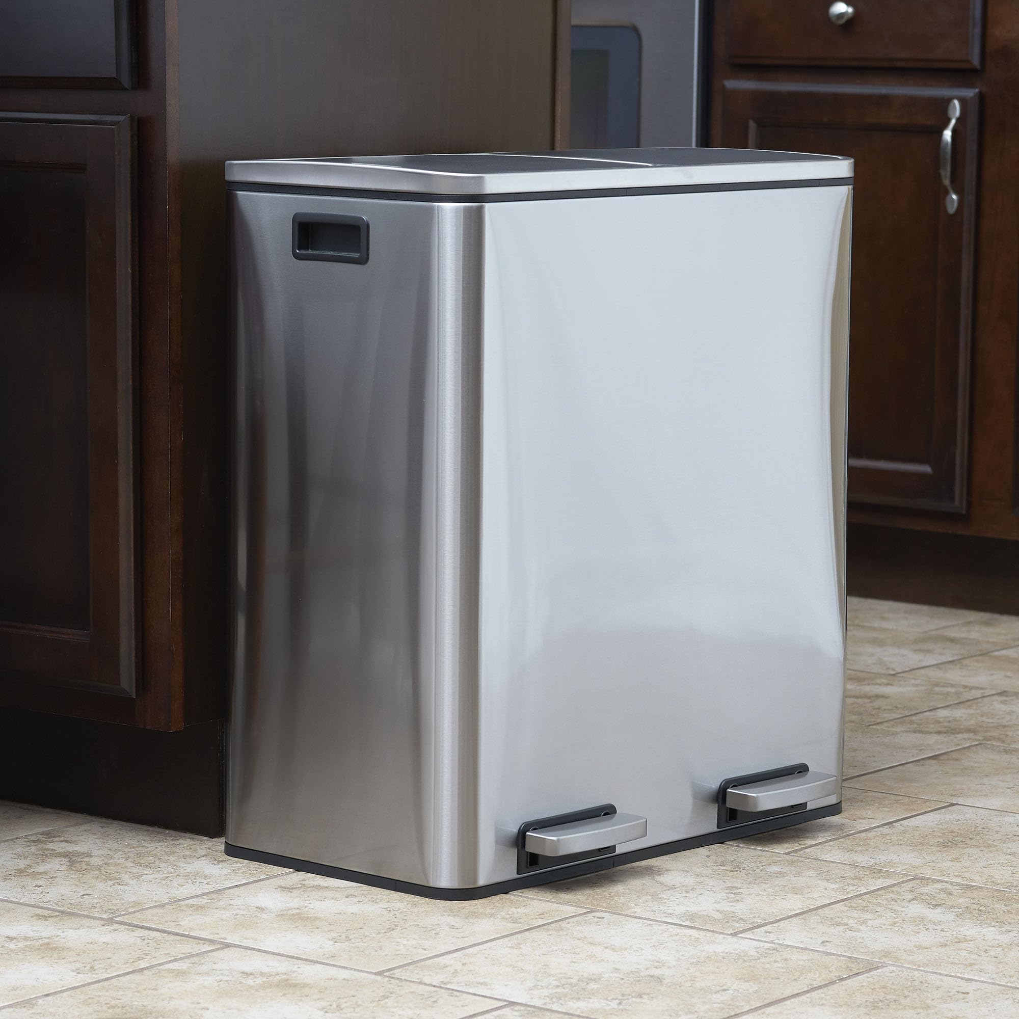 Stainless Steel Dual Compartment Trash Can with Soft Close Lids | 2 x 30L/8Gallon Recycling Bins, 60L Total Capacity, Silver | Perfect for Kitchen, Office, Restaurant Waste Separation