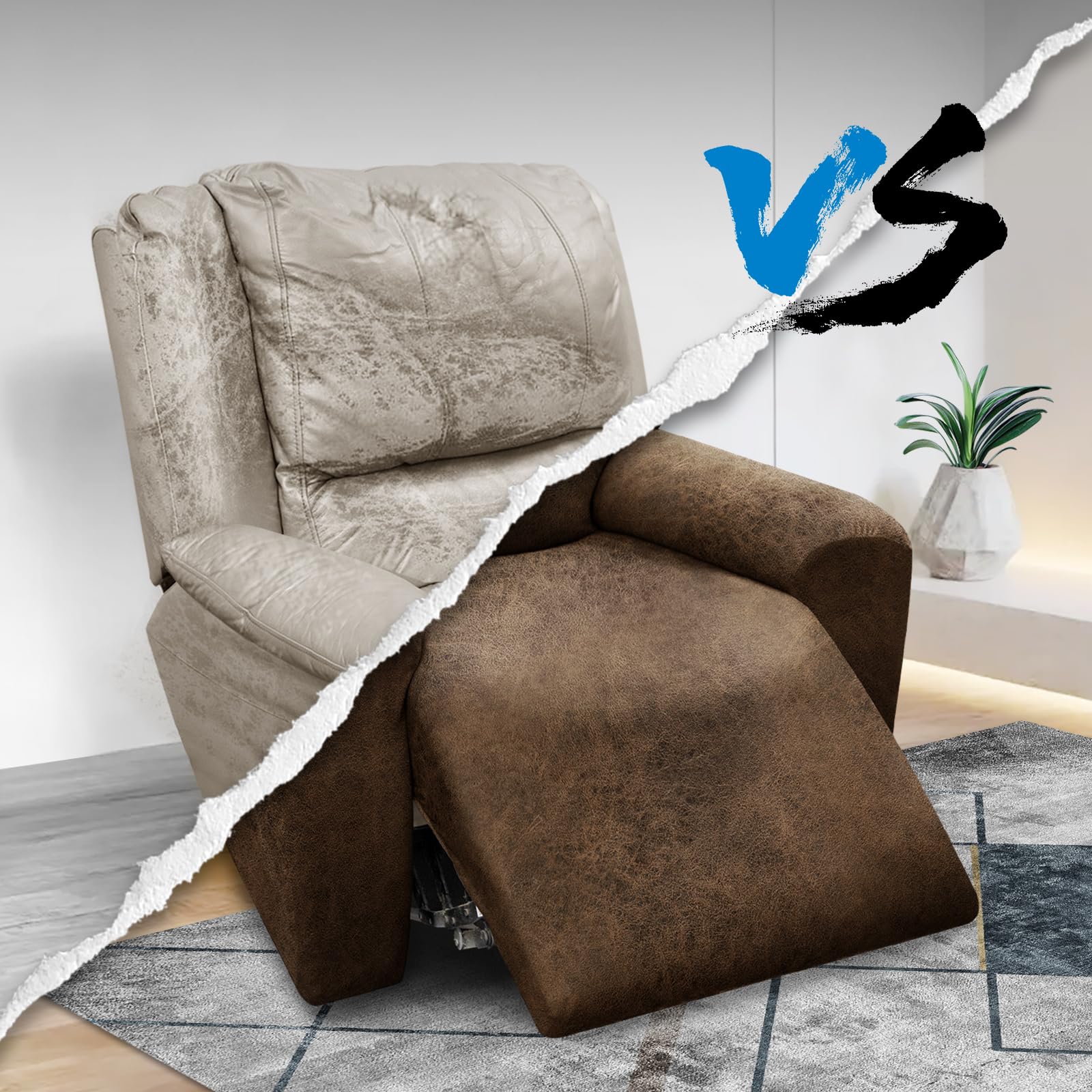 Recliner Chair Covers 4-Piece Set - Leather Look Slipcovers with Pockets for Living Room