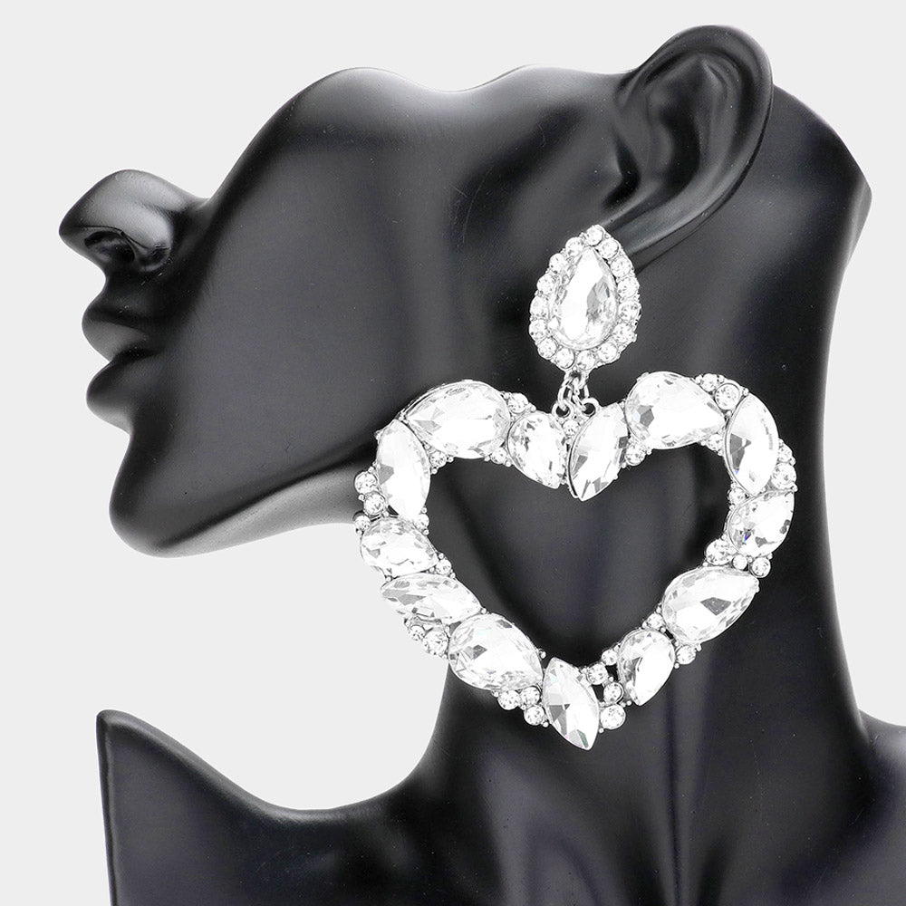 Elegant Clear Crystal Stone Open Heart Pageant Earrings – Sparkling Statement Jewelry for Women | Perfect for Prom, Pageants, and Special Occasions | 535803