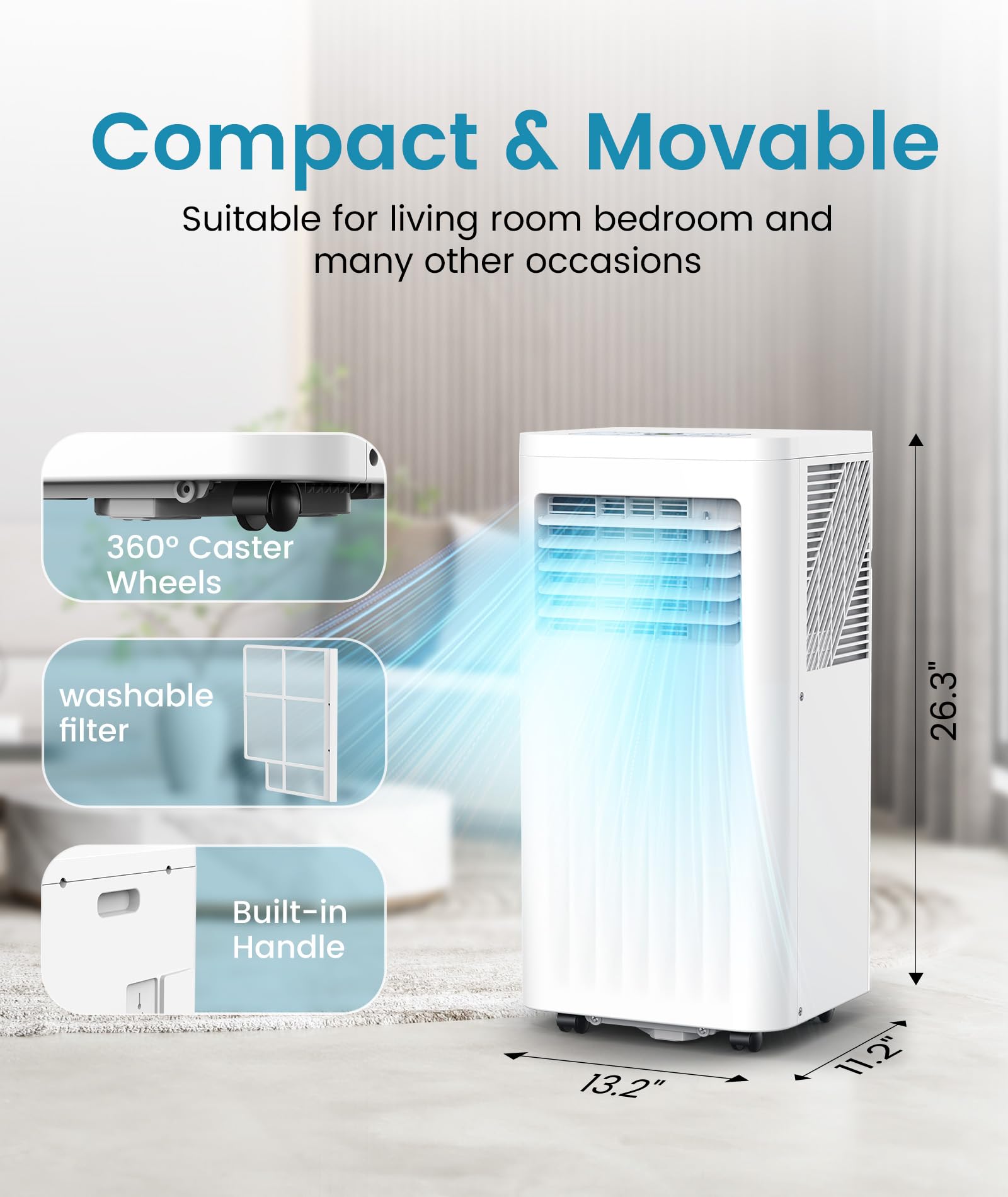 Joy Pebble 8000 BTU Portable Air Conditioner - Cooling, Fan & Dehumidifier for Rooms Up to 350 Sq.Ft | Ultra Quiet ≤55dB with Sleep Mode, 24H Timer, Digital Display & Remote Control | Perfect for Bedrooms, Home Offices & Small Apartments