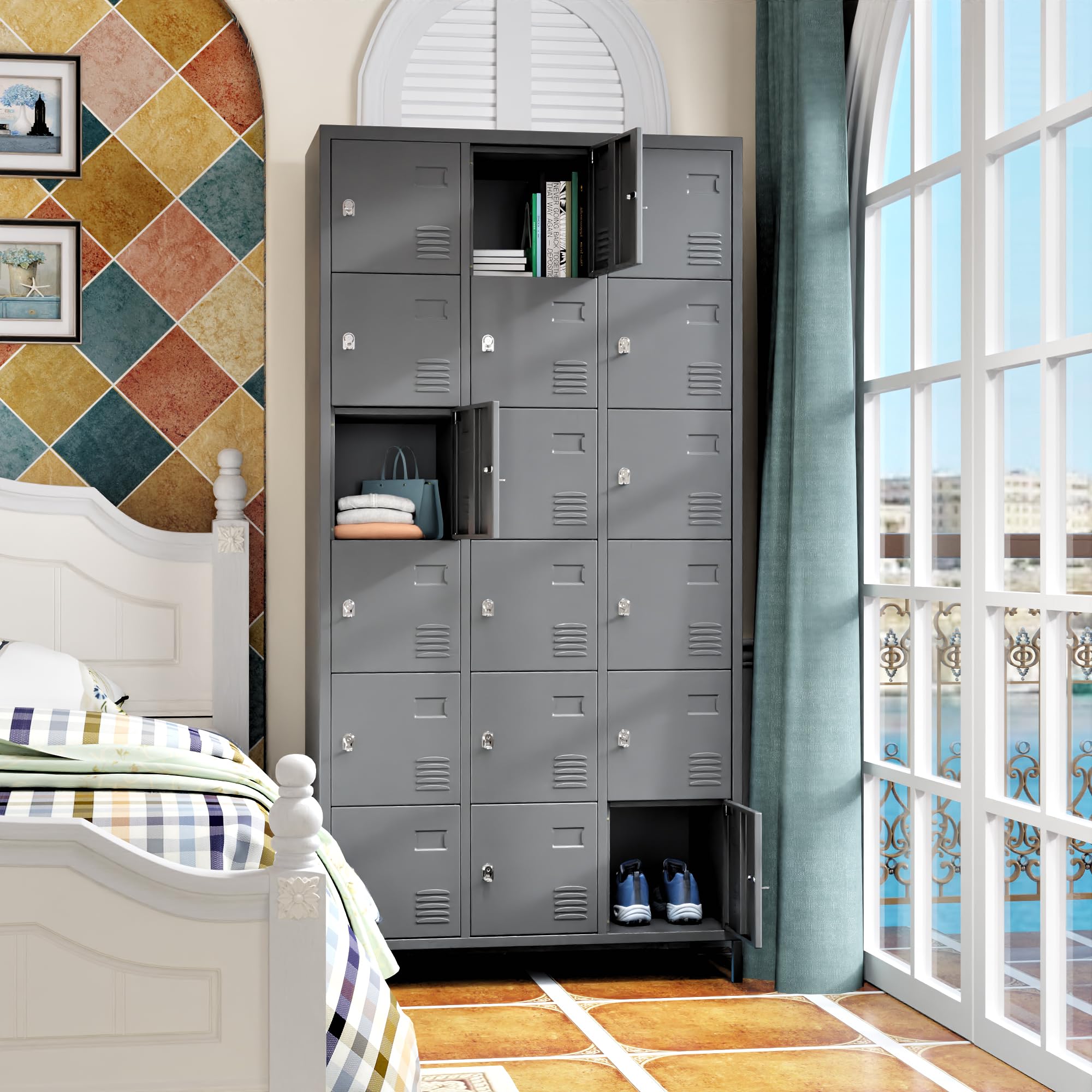 18-Door Metal Lockers for Employees - Heavy Duty Steel Storage for Offices, Schools, Gyms & Homes (Dark Gray, Assembly Required) - Perfect for Secure Personal Belongings Storage in Workplaces and Fitness Centers