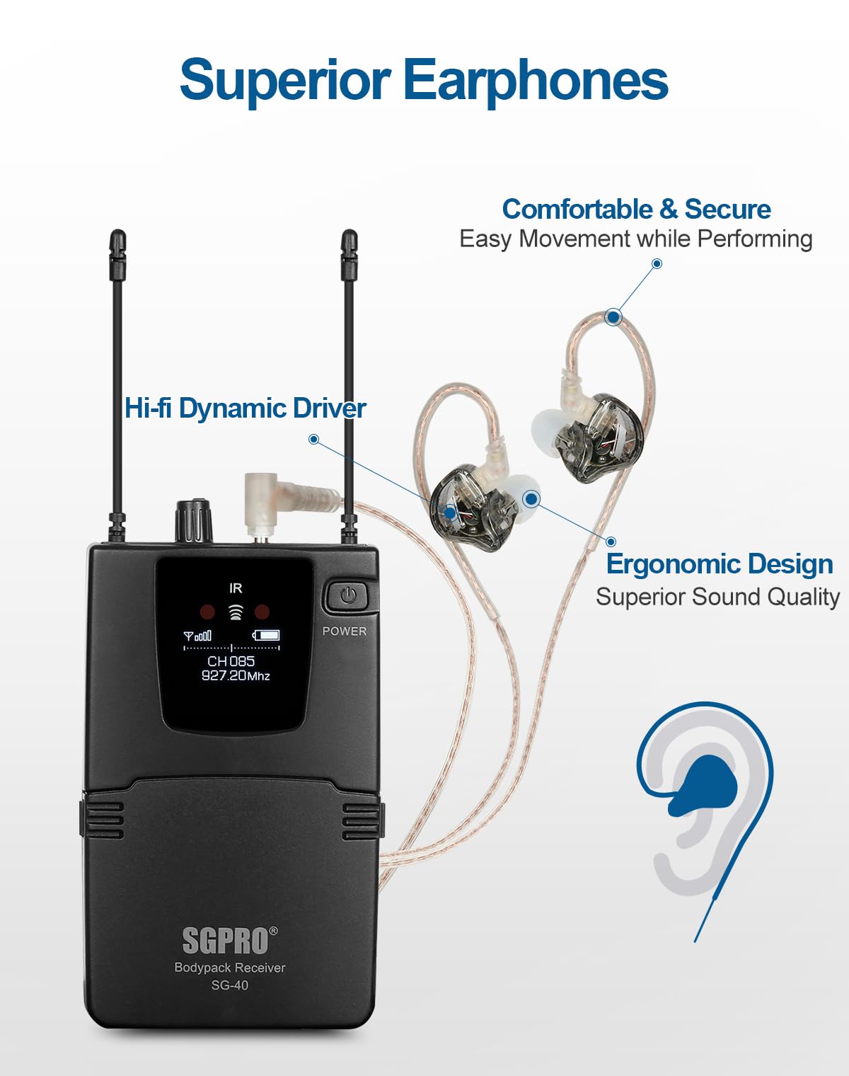 Professional Wireless In-Ear Monitor System - Mono IEM with Metal Transmitter & Bodypack Receiver, 85 Adjustable Frequencies, 262ft Range for Live Bands, Studio Recording & Stage Performances | Perfect for Musicians, DJs & Event Performers