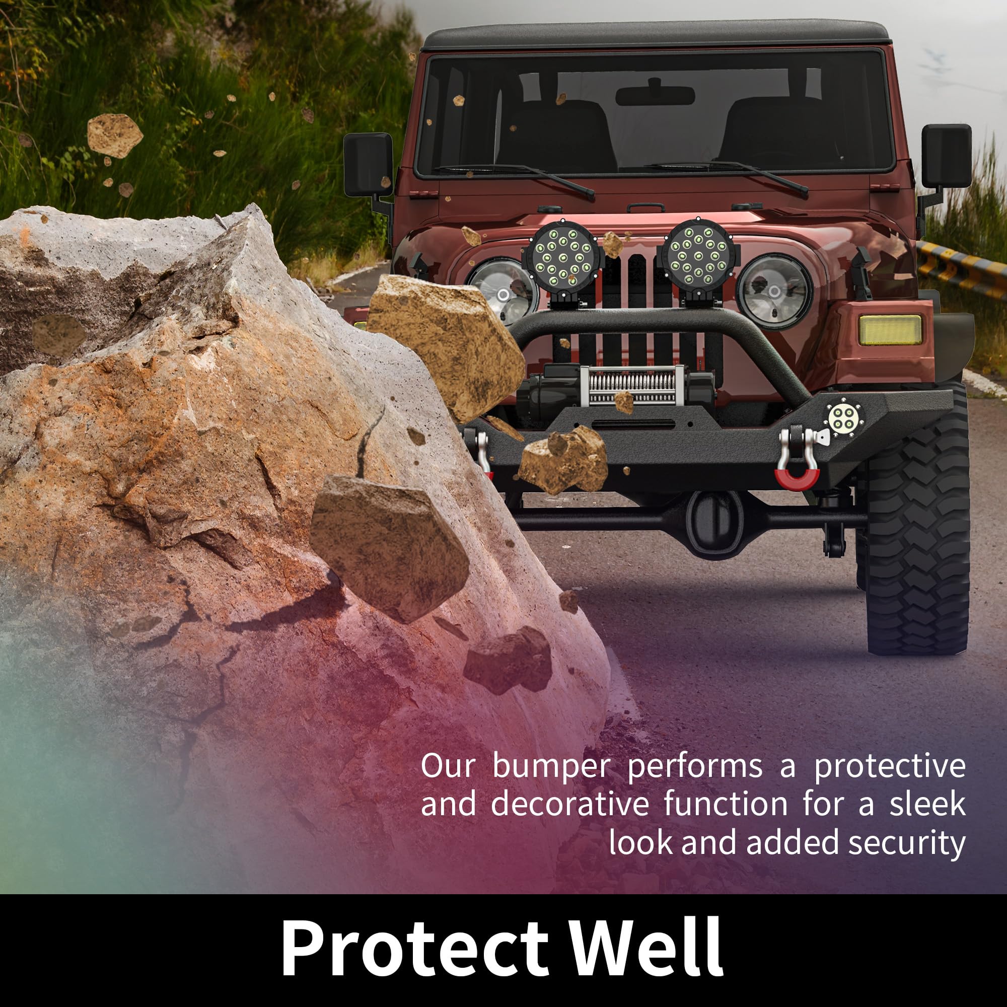 LEDKINGDOMUS Heavy Duty Rock Crawler Front Bumper with Winch Plate & LED Lights for 87-06 Jeep Wrangler YJ TJ - Textured Black | Off-Road Adventure & Trail Riding Accessory