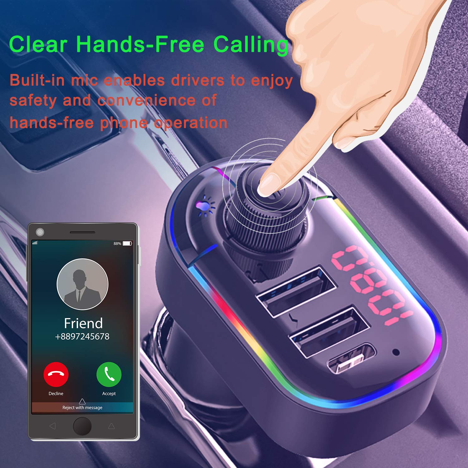Eessley Bluetooth 5.0 FM Transmitter for Car - Wireless Car Adapter with Hands-Free Calling, MP3 Player, USB-C & Dual USB Ports - Perfect for Music Streaming & Phone Charging on Road Trips