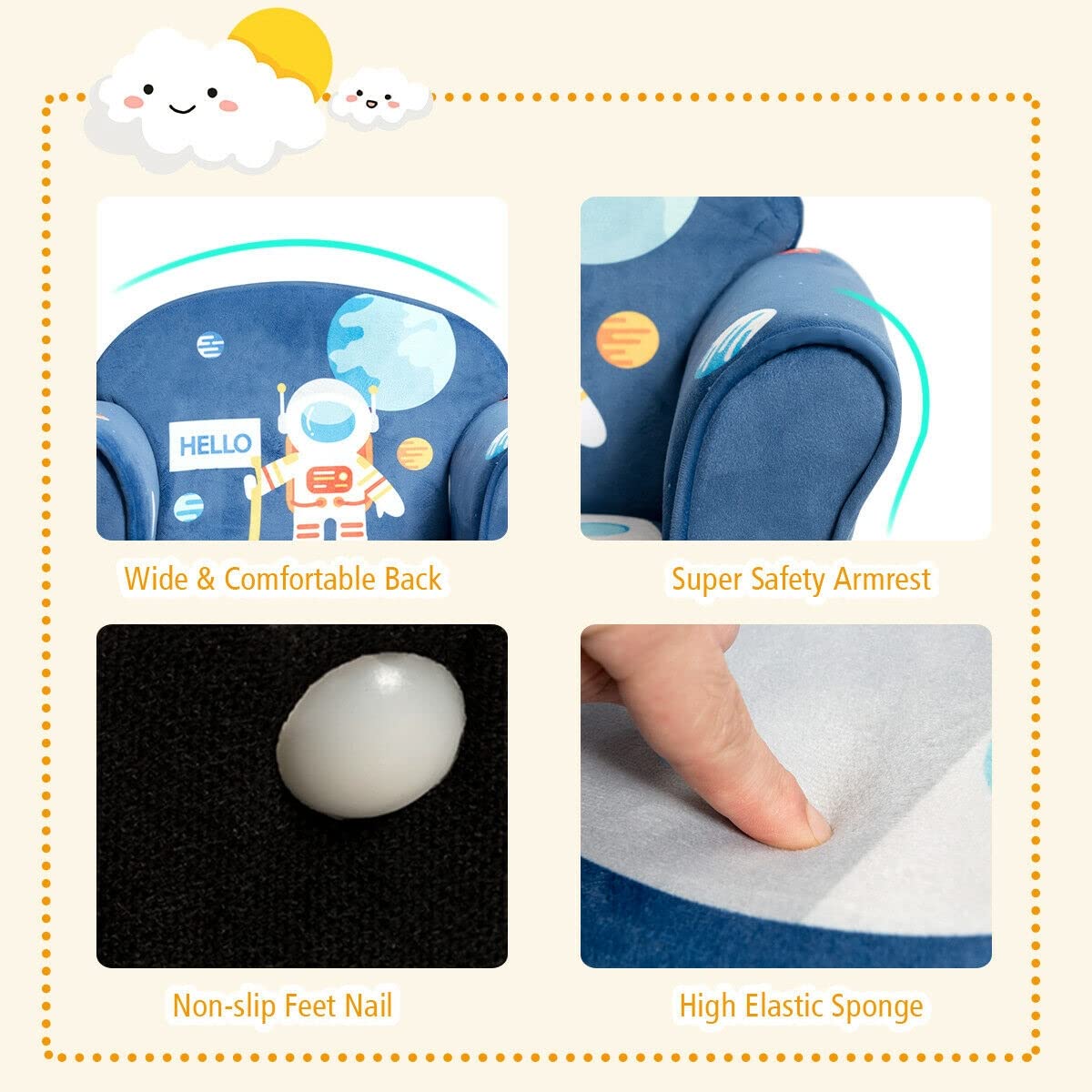 Kids Toddler Sofa Chair - Astronaut Themed Armrest Upholstered Couch for Boys & Girls | Blue Children's Armchair | Bedroom Furniture Set for Playroom, Nursery & Kids' Room Decor