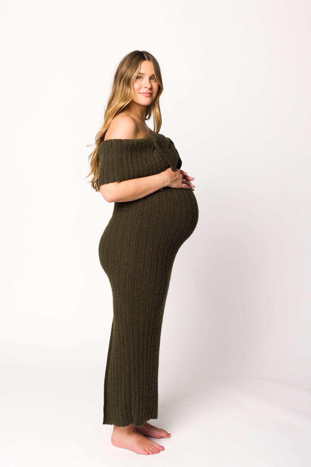 Aston Bow Front Maxi Sweater Dress for Women - Dark Green Maternity Friendly Elegant Long Sleeve Knit Dress for Pregnancy, Fall & Winter, Office Wear, Date Night, Holiday Parties