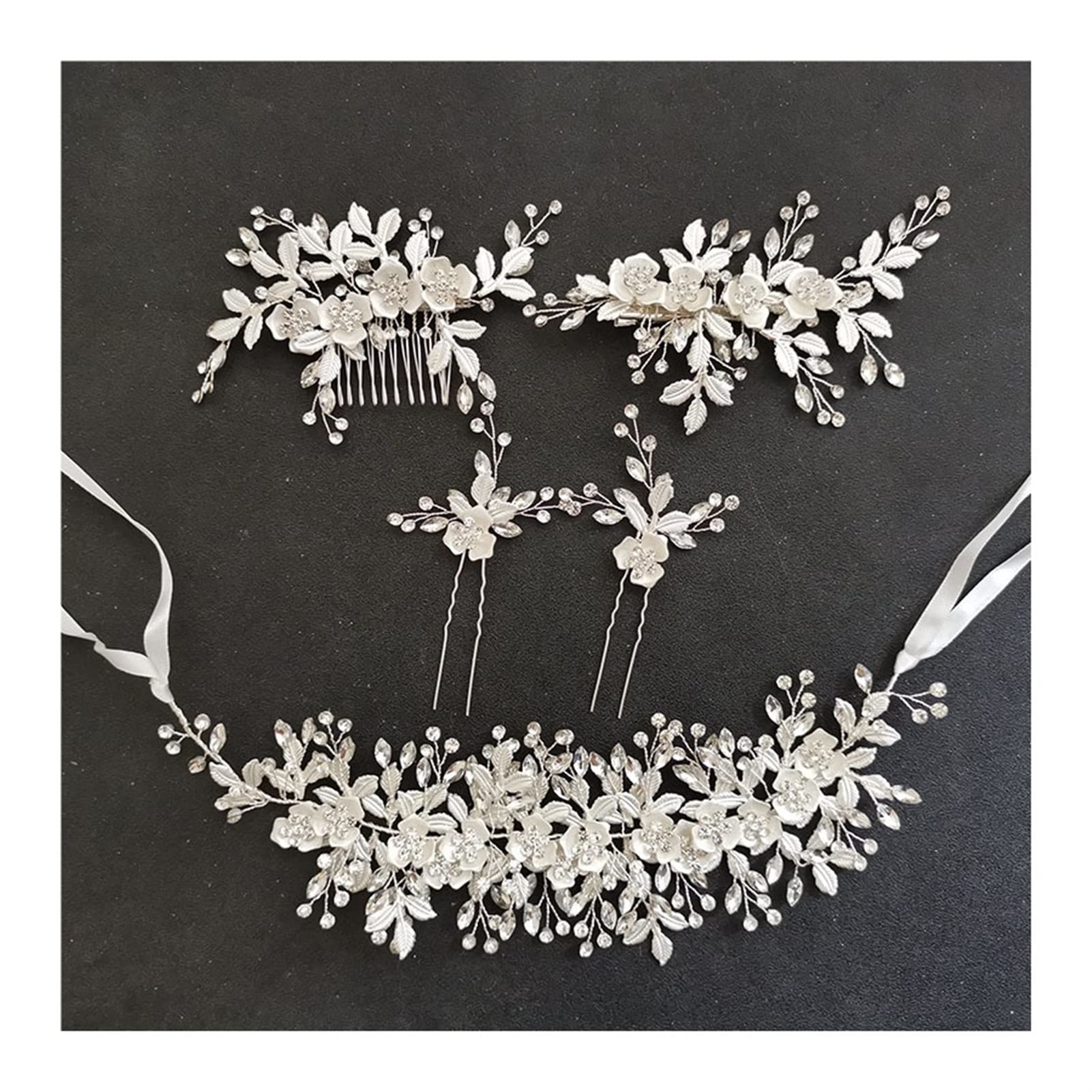 Handmade Rhinestone & Opal Crystal Bridal Jewelry Set - Silver Hair Comb, Headband, Earrings, Bracelet & Hair Pins (5-Piece Wedding Accessories for Women) | Perfect for Bridal Showers, Weddings & Special Occasions