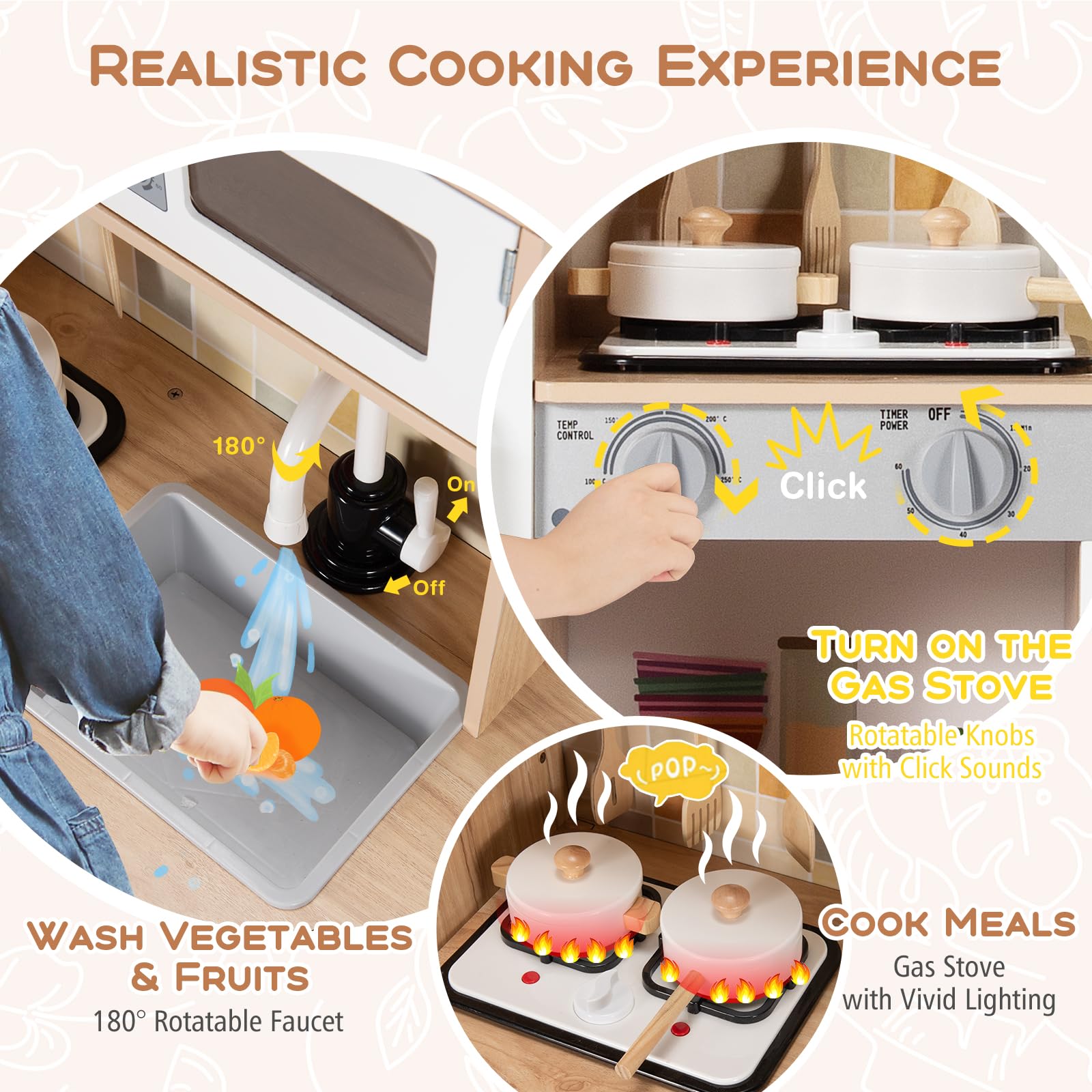 Costzon Wooden Kids Kitchen Playset with Light & Sound - Pretend Play Kitchen Toy for Toddlers Age 3+ | Includes Microwave, Oven, Sink, Ice Maker & Cooking Accessories | Perfect Gift for Boys & Girls - Great for Imaginative Play & Early Learning