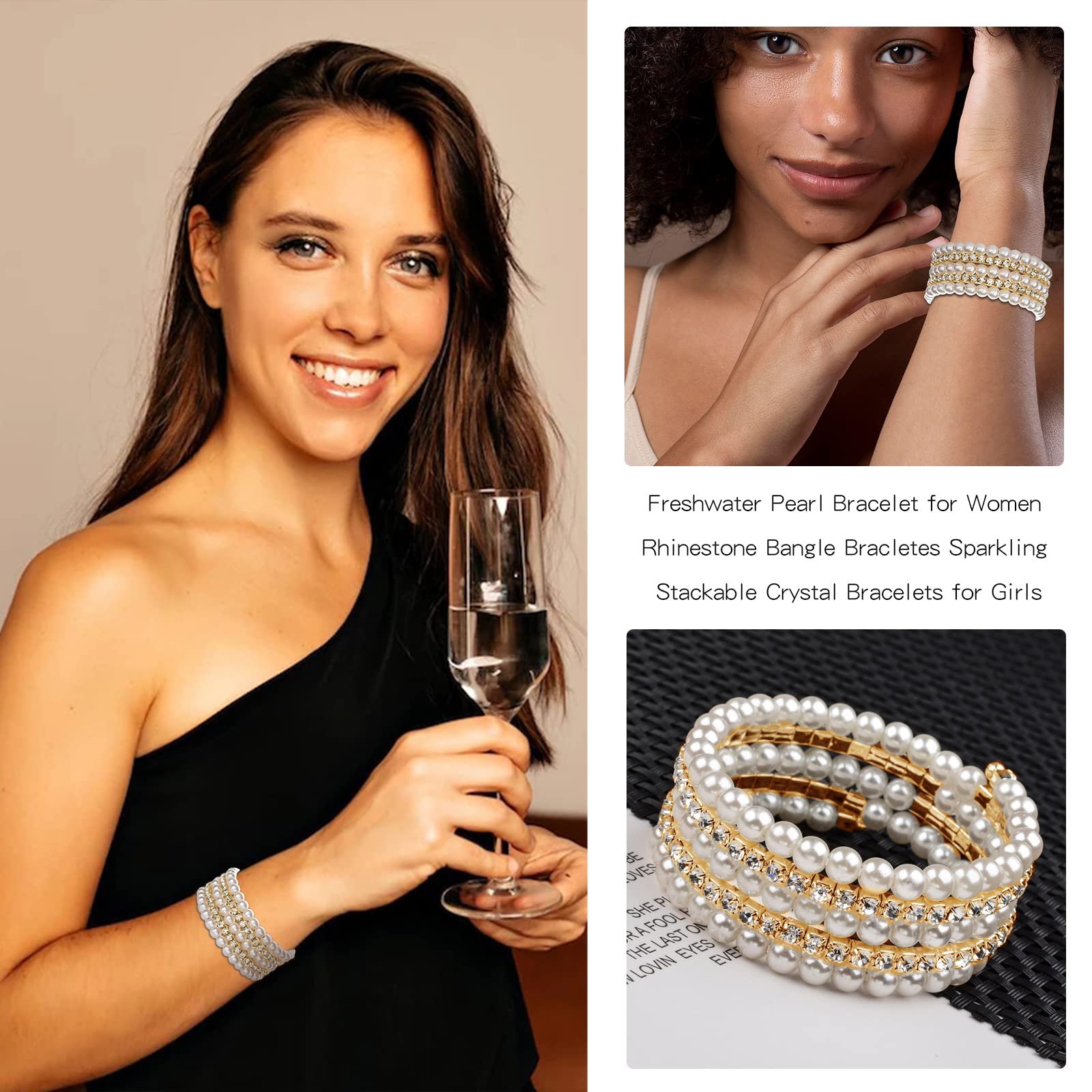 Elegant Pearl Bracelets for Women - Crystal Rhinestone Beaded Stretch Bangle, Stackable Pearl Jewelry for Brides & Weddings | Perfect for Bridal Accessories, Formal Events & Everyday Wear