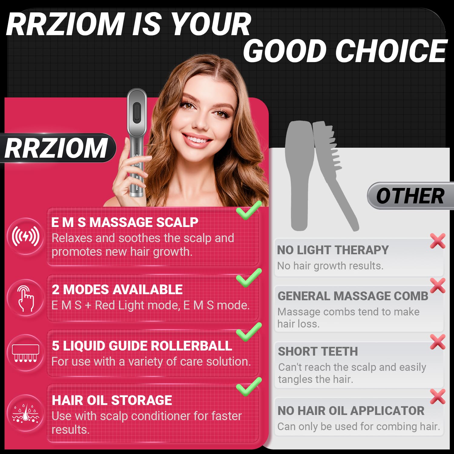 RRZIOM Laser Therapy Hair Growth Comb - Red Light Therapy Comb for Hair Loss Treatment & Regrowth - Alopecia & Scalp Care for Men & Women - At-Home Hair Restoration Solution for Thicker, Healthier Hair