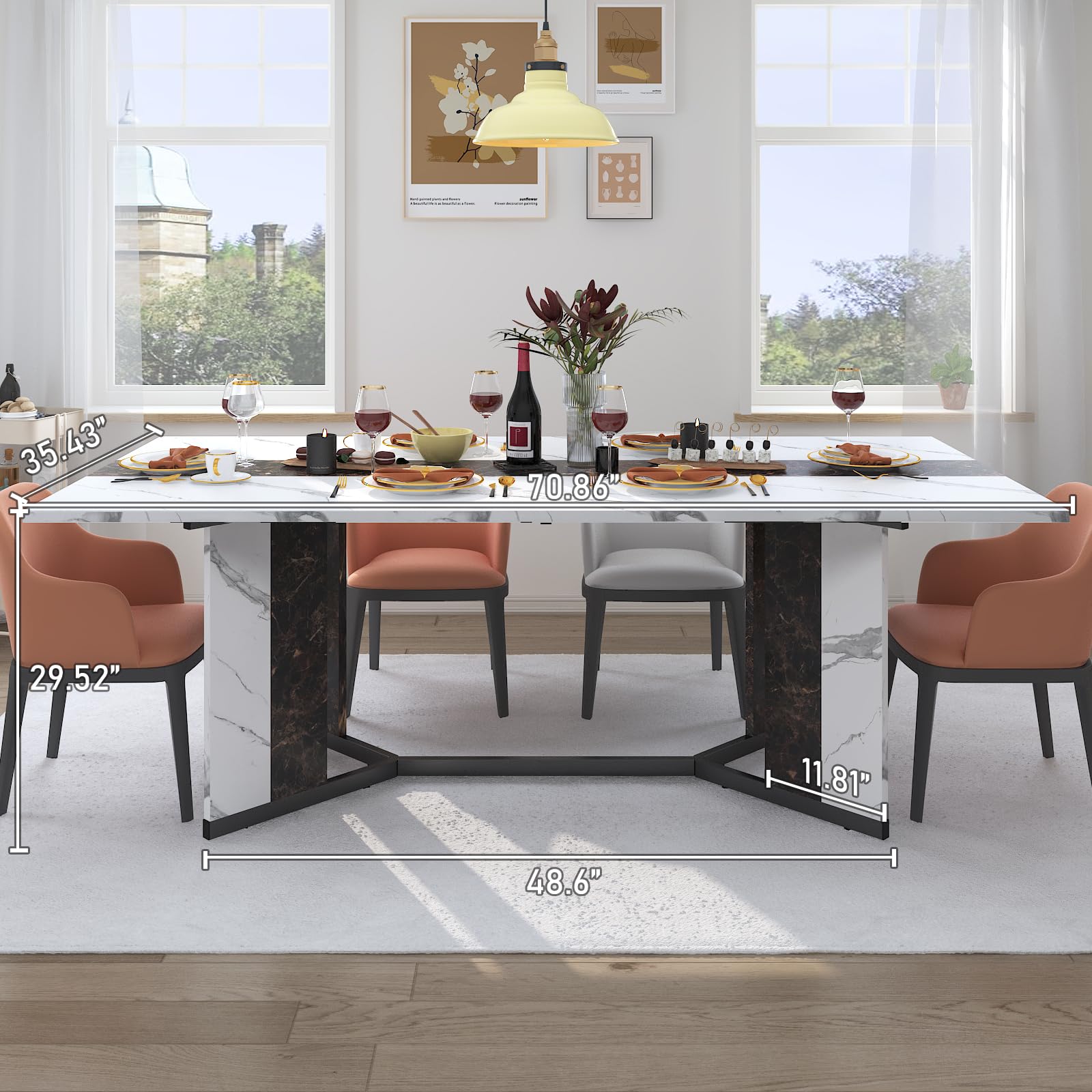 71-Inch Large Rectangular White Dining Table for 4-7 People with 35-Inch Marble-Color Waterproof Wood Tabletop & Adjustable Legs - 6ft Luxurious Family Dinner Table for Home, Kitchen, Living Room - Perfect for Family Gatherings, Dinner Parties & Daily Meals