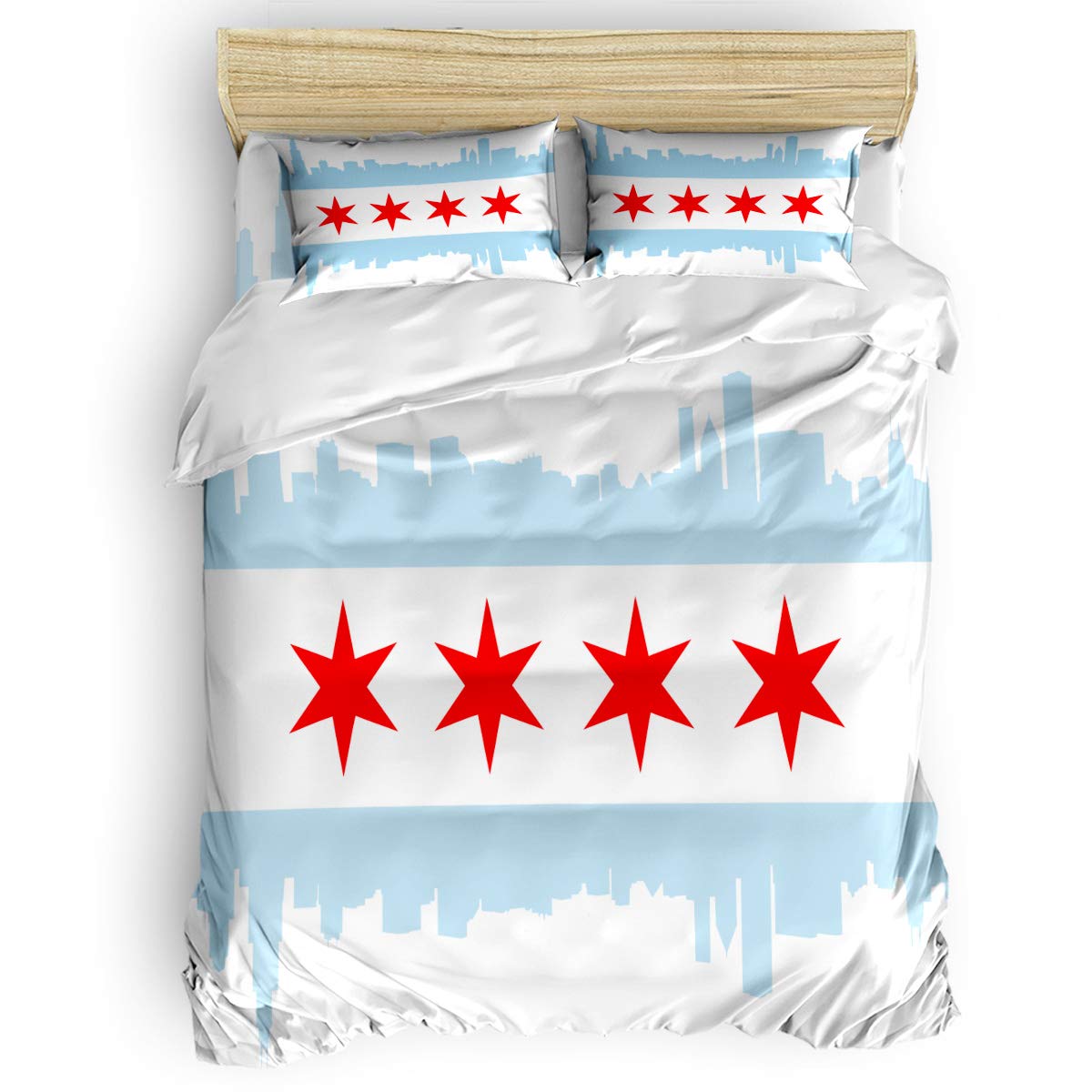 4 Piece Full Size Duvet Cover Bedding Set - Chicago City Skyline Flag Design, Soft Luxury Comforter Cover with 1 Duvet Cover, 1 Fitted Sheet & 2 Pillowcases - Perfect for Home, Dorm & Guest Room Decor