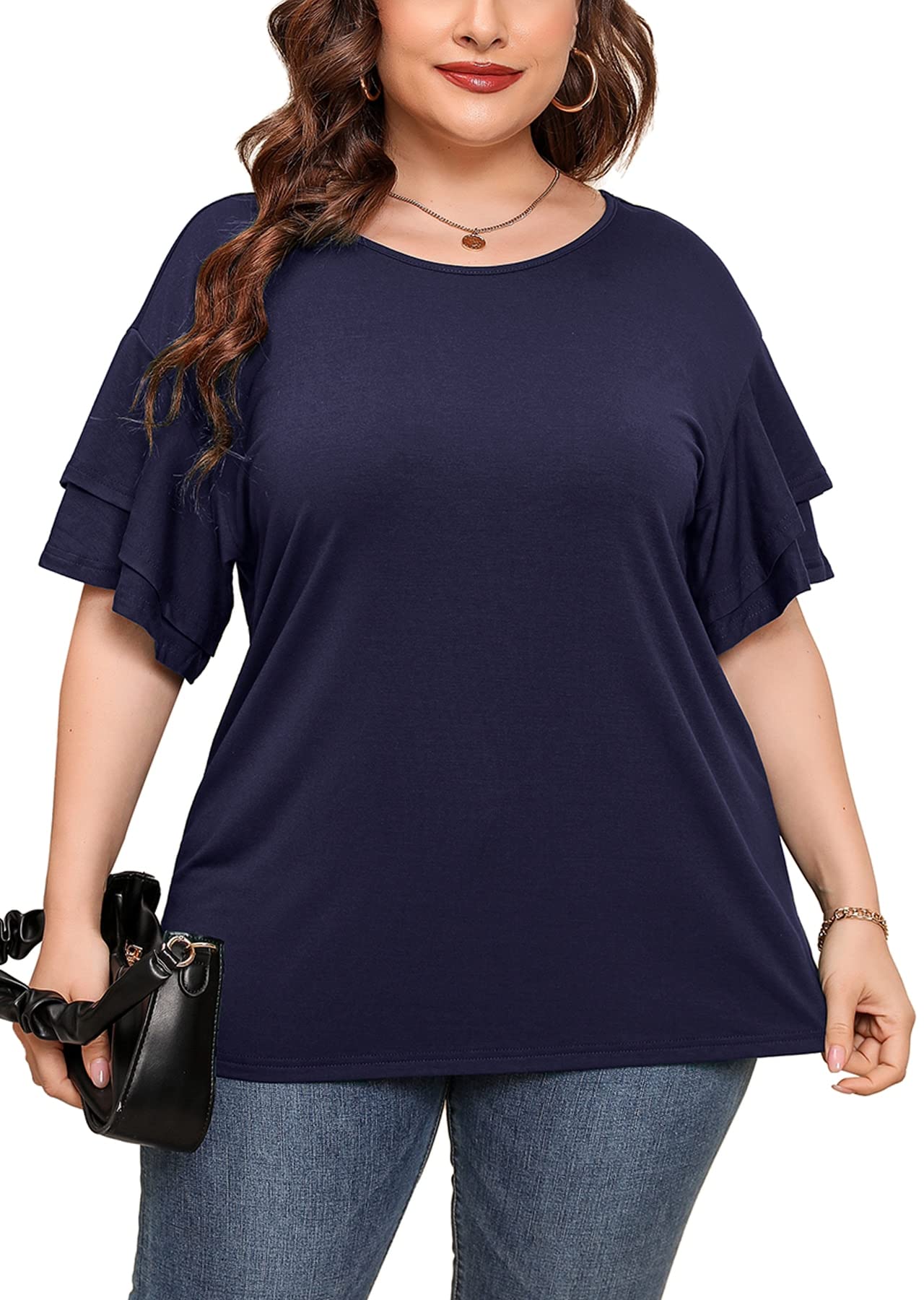 Plus Size Tunic for Women - Double Ruffle Short Sleeve Loose Fit Blouse | Flowy Summer Tops for Casual Wear, Office & Vacation Outfits