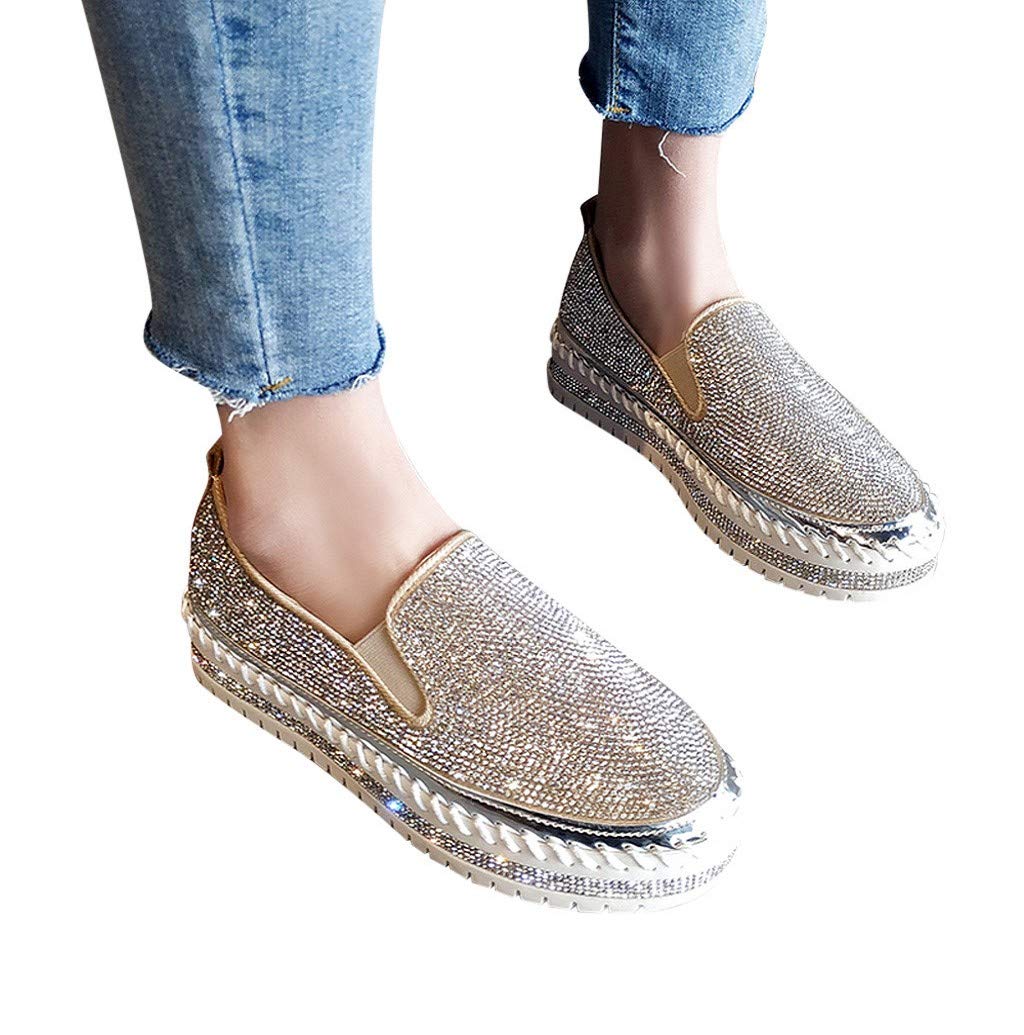 Nevera Silver Rhinestone Loafers for Women - Fashion Platform Slip-On Flats with Bling Round Toe | Perfect for Casual Wear, Office, and Party Outfits