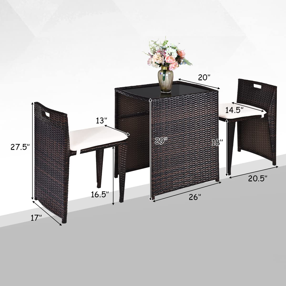 RELAX4LIFE 3-Piece Outdoor Patio Furniture Set - PE Rattan Wicker Bistro Set with Cushions & Glass Top Table, Brown - Perfect for Garden, Balcony, Poolside & Backyard Relaxation