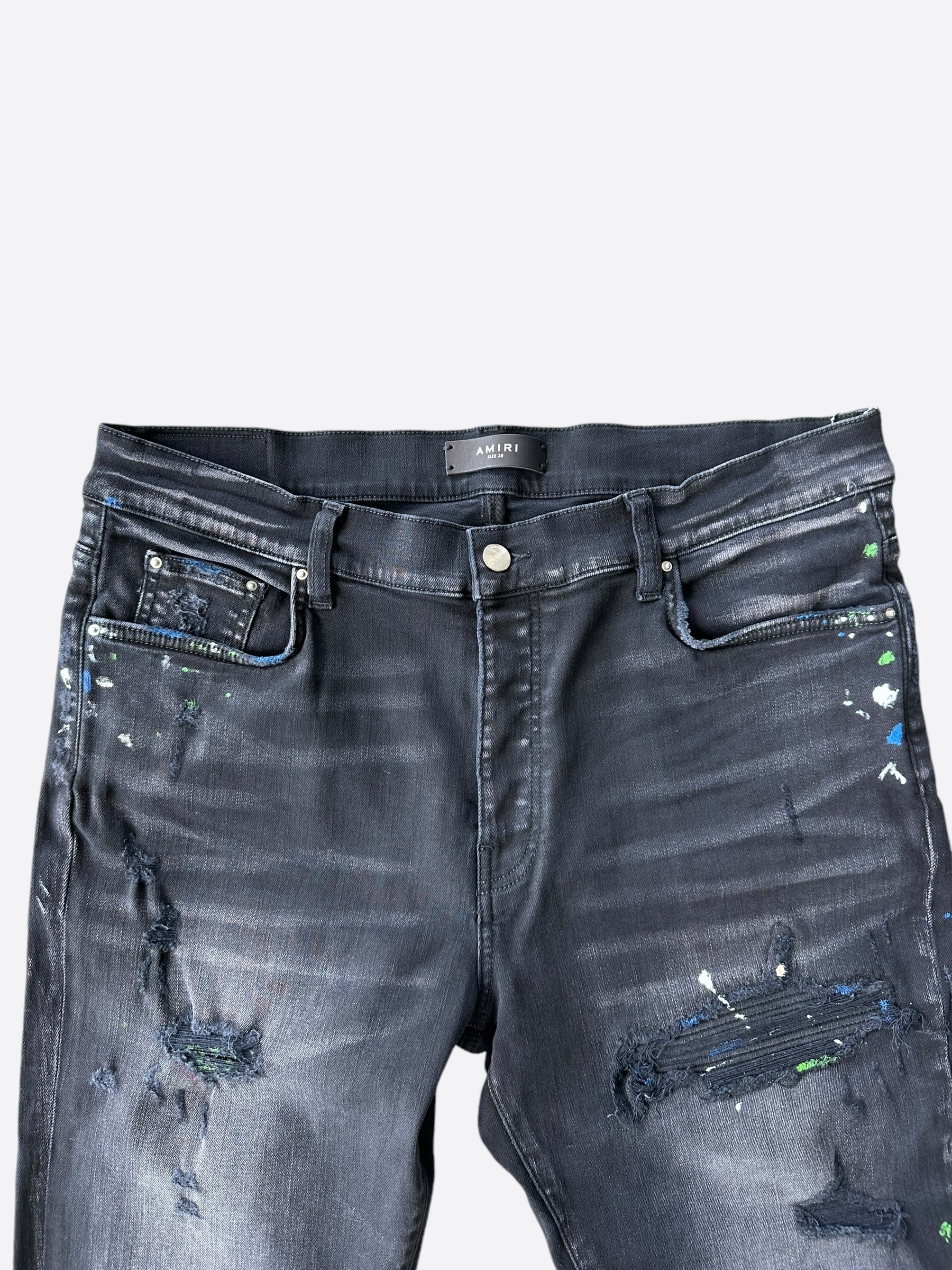 Amiri Aged Black Paint Splatter MX1 Jeans for Men | Distressed Designer Denim | Perfect for Streetwear & Night Out Fashion