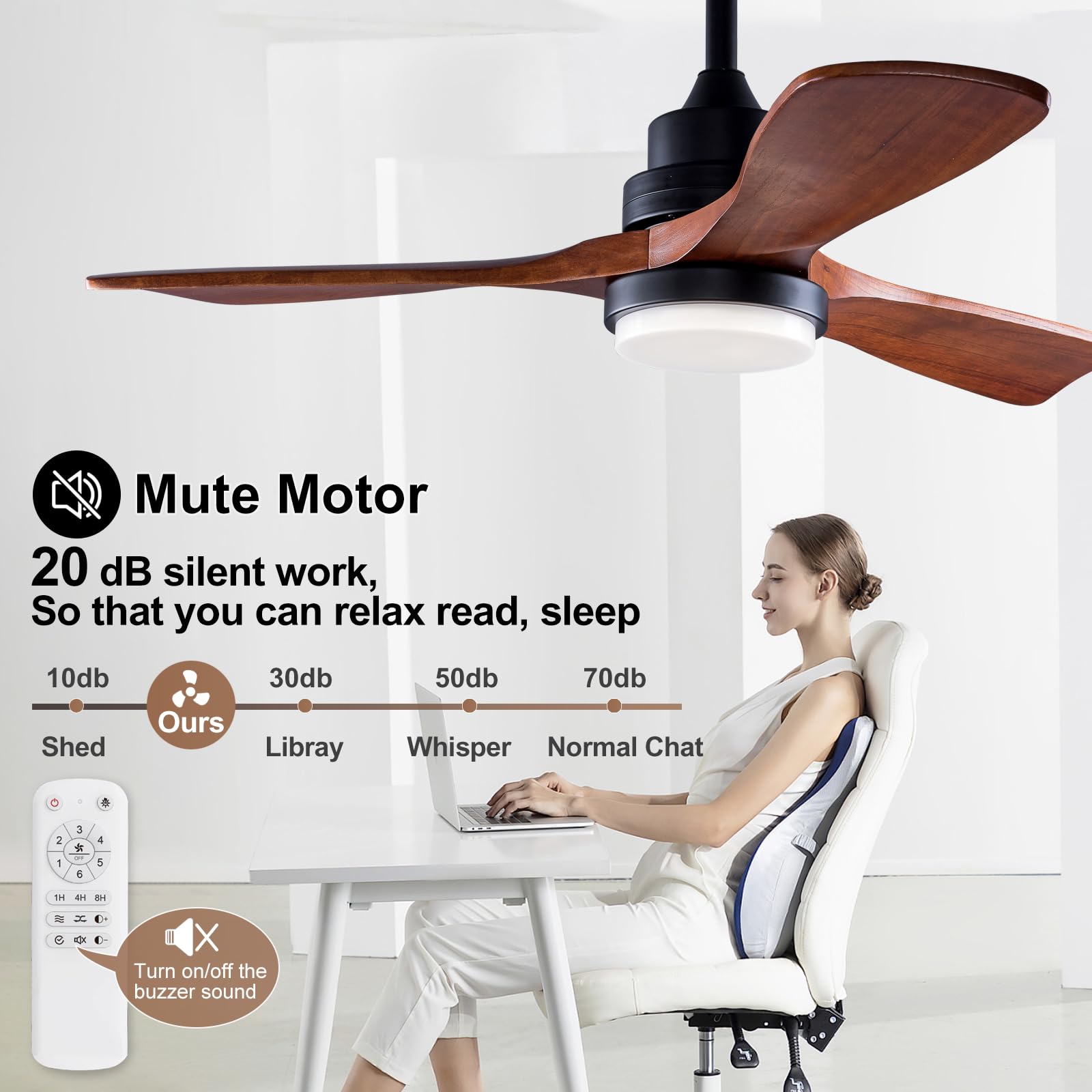 BOJUE 42 Inch Modern Black Ceiling Fan with Light and Remote Control - Dimmable LED Light, Ultra Quiet Reversible DC Motor, Memory Function - Solid Wood Indoor/Outdoor Ceiling Fan for Office, Patio, Living Room, Bedroom, Dining Room