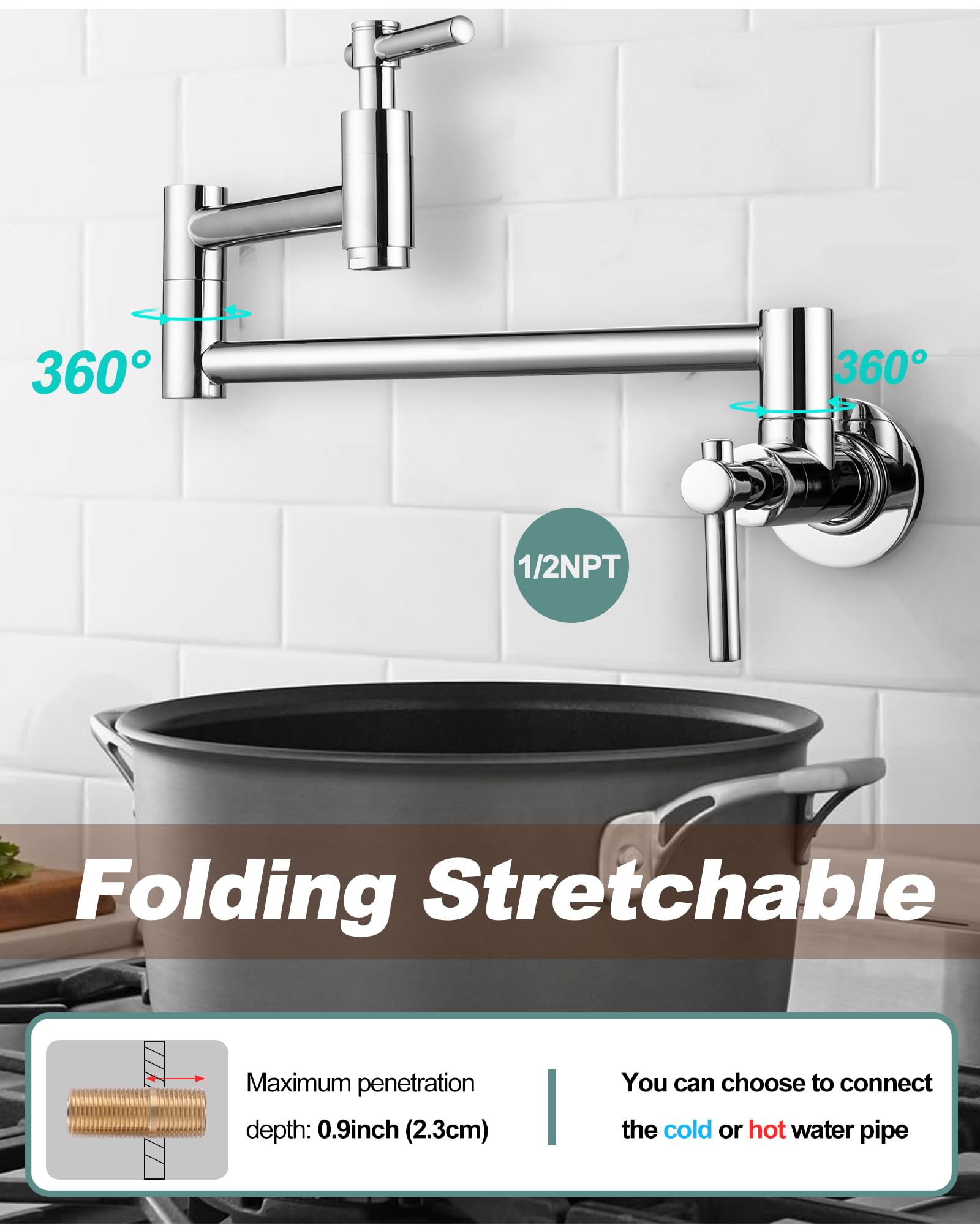 Solid Copper Chrome Wall Mount Pot Filler Faucet - Single Hole Folding Kitchen Faucet with Double Joint Swing Arm for Over Stove Installation | Perfect for Filling Pots, Pans & Large Containers While Cooking