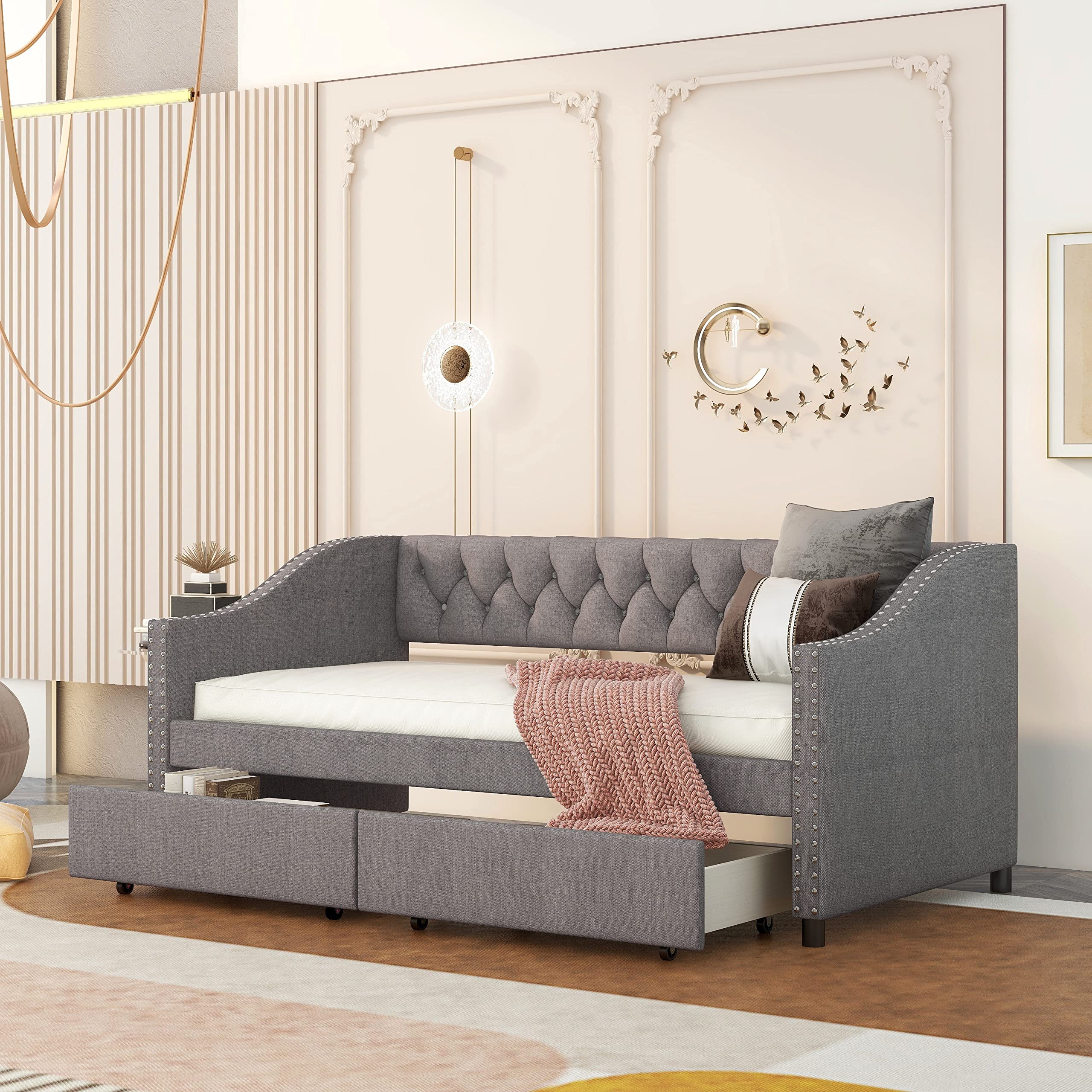 Modern Upholstered Daybed with Storage | Wood Twin Daybed with Drawers | Tufted Sofa Bed with Nailhead Trim for Living Room & Bedroom (Grey) | Perfect for Guest Rooms, Small Spaces & Multi-Functional Furniture Needs