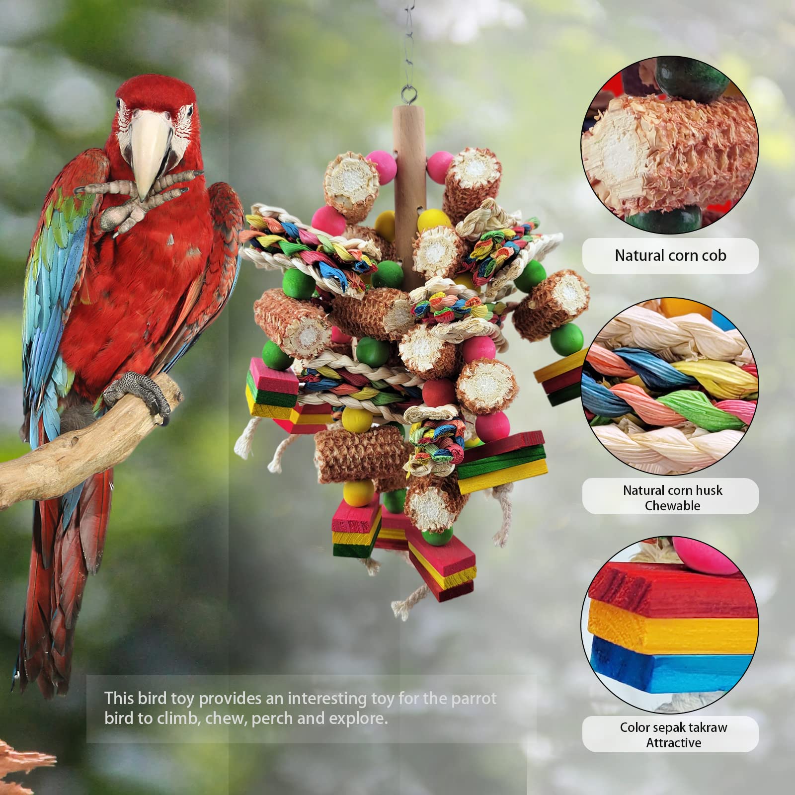 Natural Wooden Bird Toys for African Grey Parrots & Amazon Parrots - Colorful Chew Toys for Small & Medium Birds to Strengthen Beaks | Perfect for Cage Play & Mental Stimulation