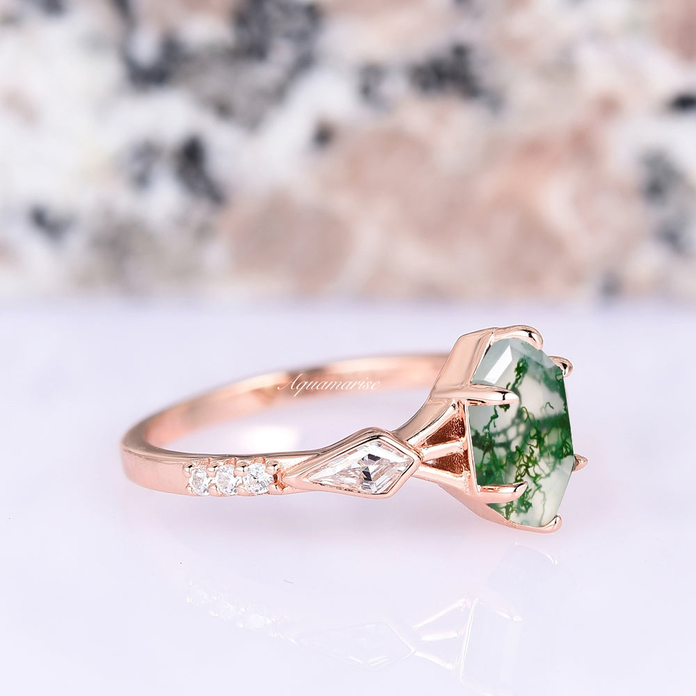 Celtic Hexagon Green Moss Agate Ring - 14K Rose Gold Vermeil Jewelry for Women | Nature-Inspired Wedding, Engagement & Everyday Fashion Accessory