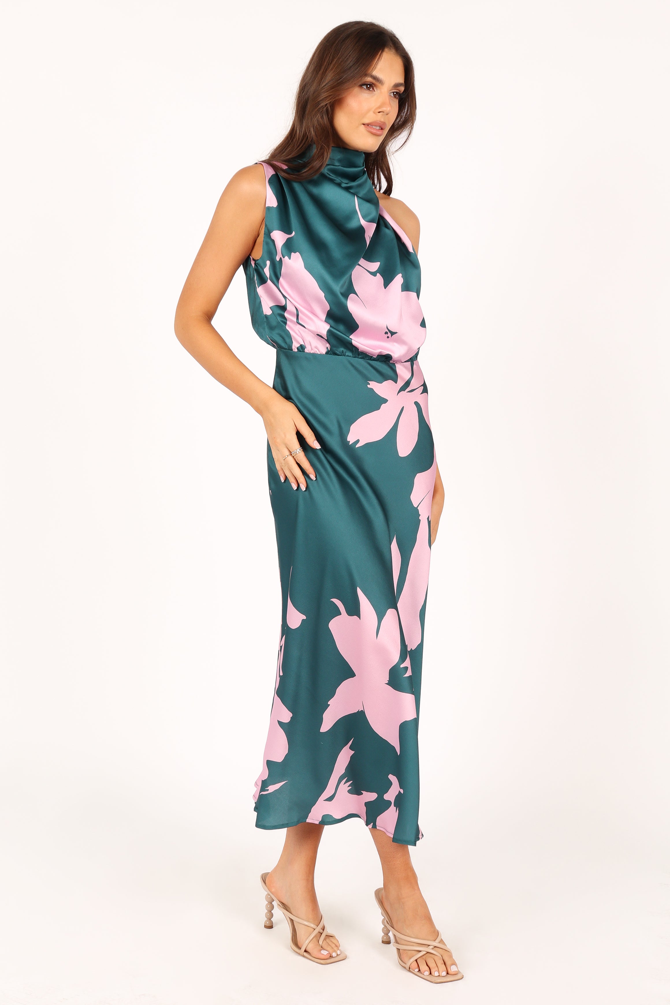 Anabelle Halter Neck Midi Dress - Floral Print Green & Pink Summer Dress for Women | Perfect for Beach Vacations, Date Nights & Outdoor Parties