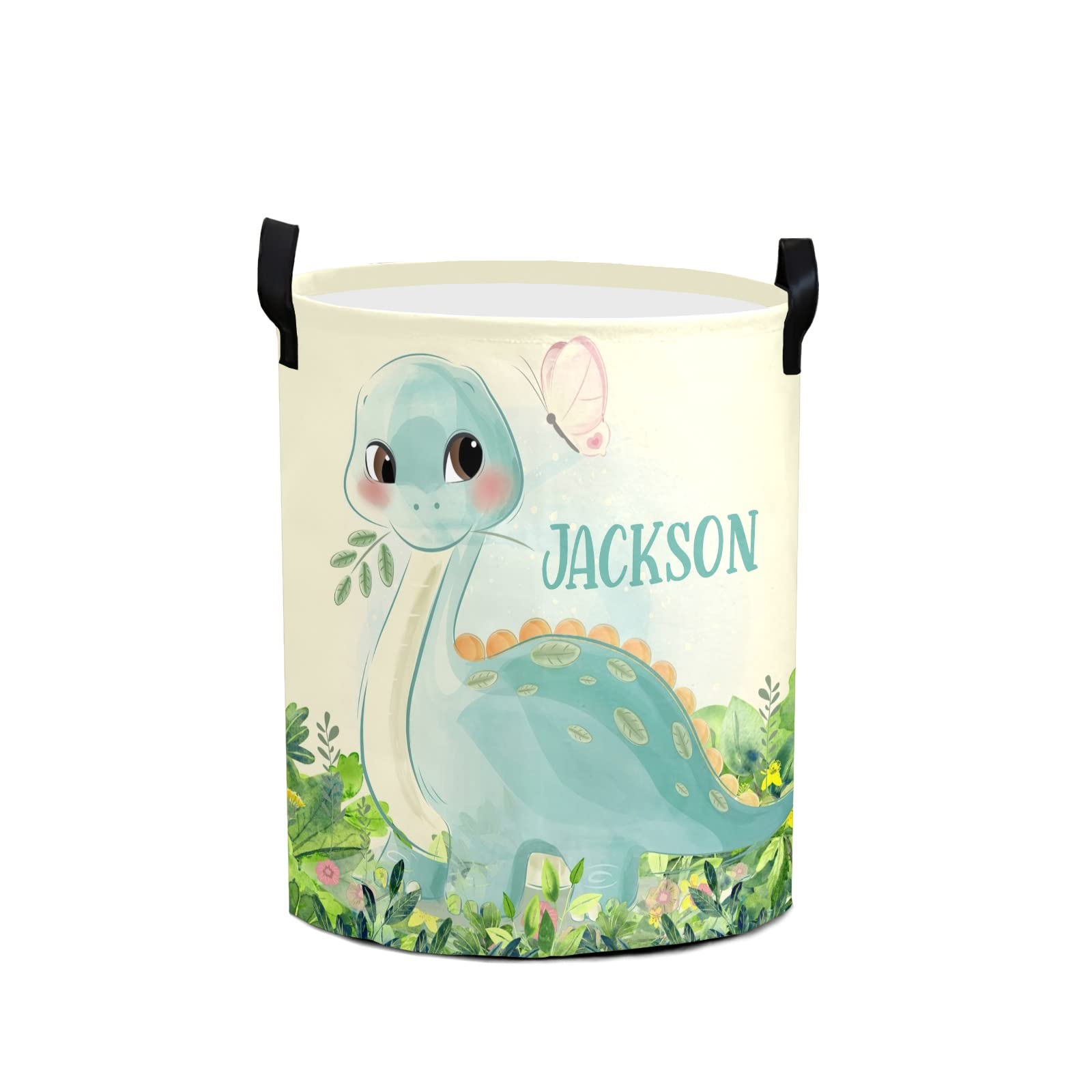 Waterproof Collapsible Laundry Storage Basket - Green Dinosaur Leaves Design Custom Dirty Clothes Bag for Bedroom, Living Room & Kids Toys | Portable Travel & Home Organization Solution