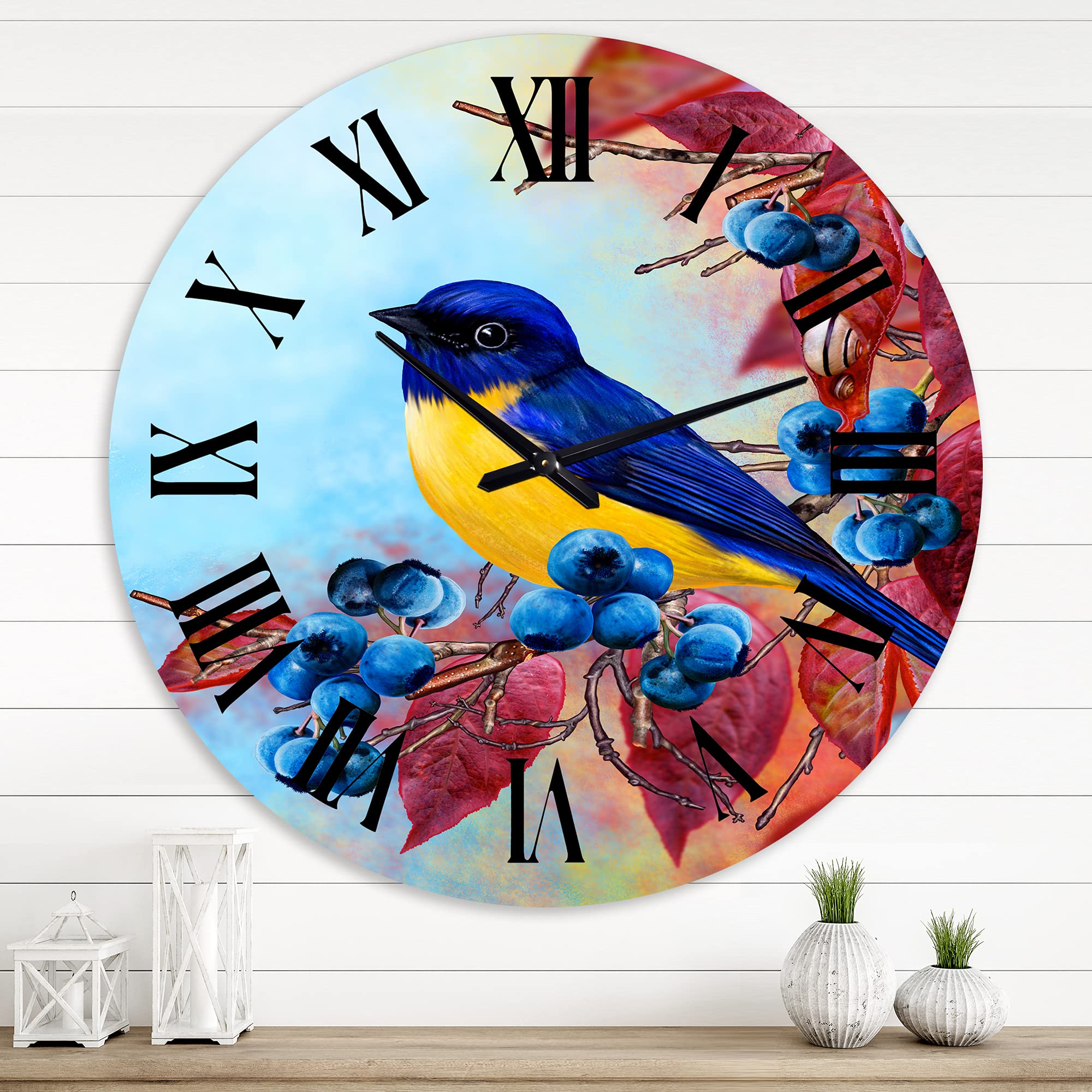 Bright Bird Bullfinch Sitting on Branch - Large Traditional Wall Clock for Living Room, Bedroom & Office Decor | Silent Non-Ticking Home Decoration | Perfect Gift for Housewarming & Holidays